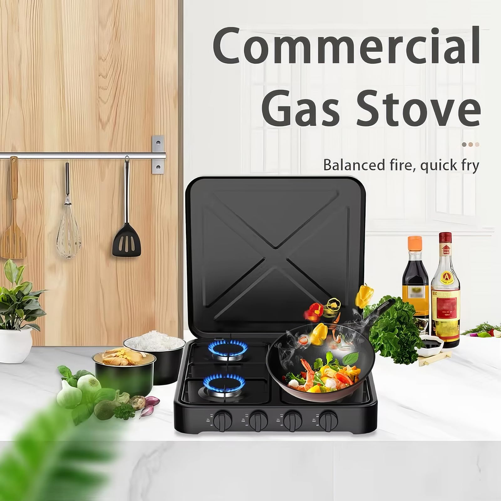 Fornello da campeggio a gas, 4 fuochi, portatile, con coperchio sicuro, piano in acciaio inox, controllo della temperatura regolabile, accensione automatica, per uso a GPL