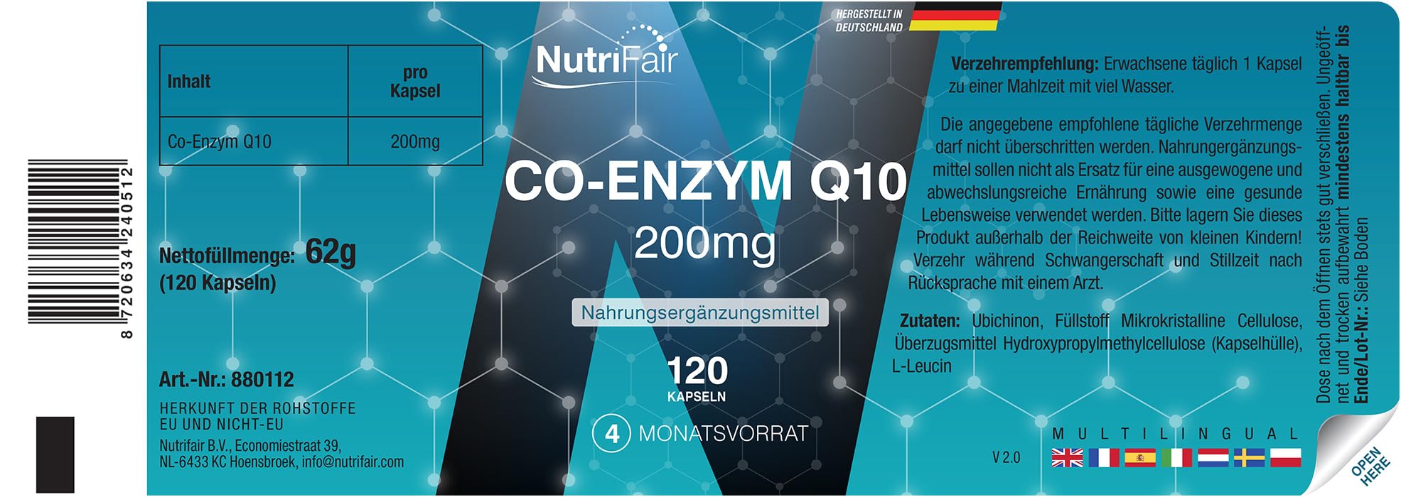 Koenzym Q10 200mg – 120 kapsułek – 200mg na kapsułkę – ubichinon – wysokie stężenie – w 100% wegański – produkcja niemiecka i badania laboratoryjne – NutriFair | Premium & Fair
