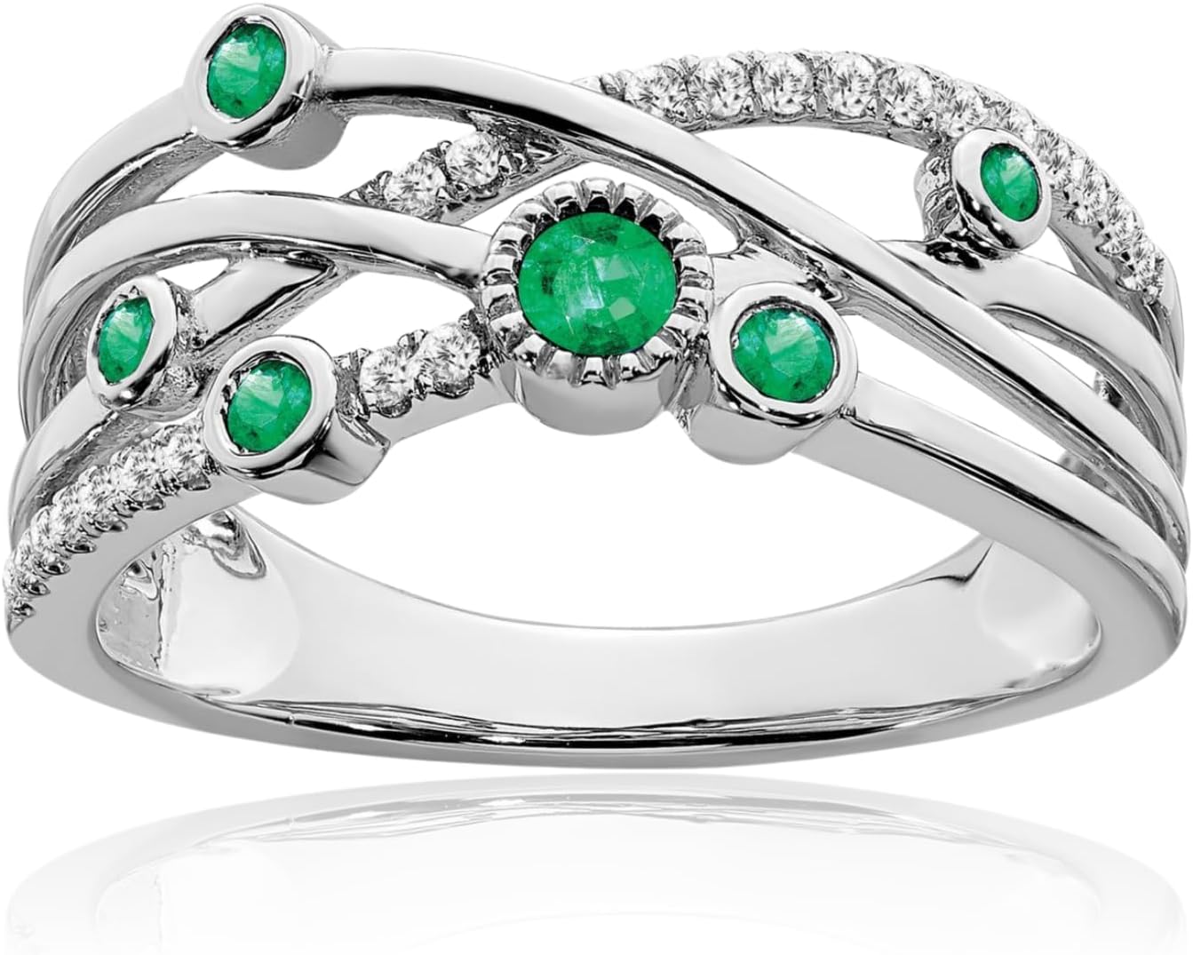 IceCarats 14K Solid White Gold 0.14 carat Green Emerald Diamond Statement Twisted Fashion Ring 2.6mm Slim Band Round Cut, Natural, Prong Set