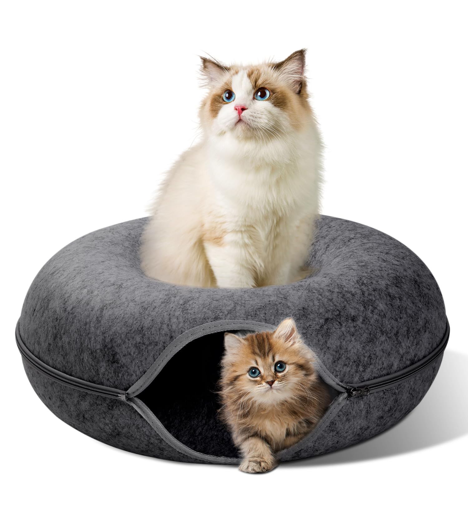 The Fellie Large Cat Tunnel Bed, Scratch Resistant Donut Bed, Tunnels for Indoor Cats, Cave Bed With Zipper Design, Interactive Toy for Cats and Kittens, Up to 30 Lbs, Dark Grey