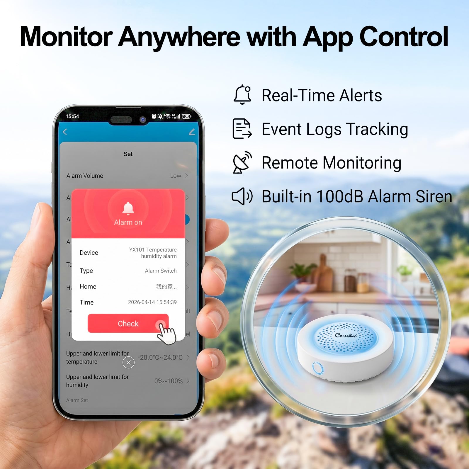 Sensore WiFi di Temperatura e Umidità con Allarme Sirena 100dB, Termometro e Igrometro Intelligente, Monitoraggio Remoto via App e Avvisi in Tempo Reale per Casa, Invernadero, Cantina