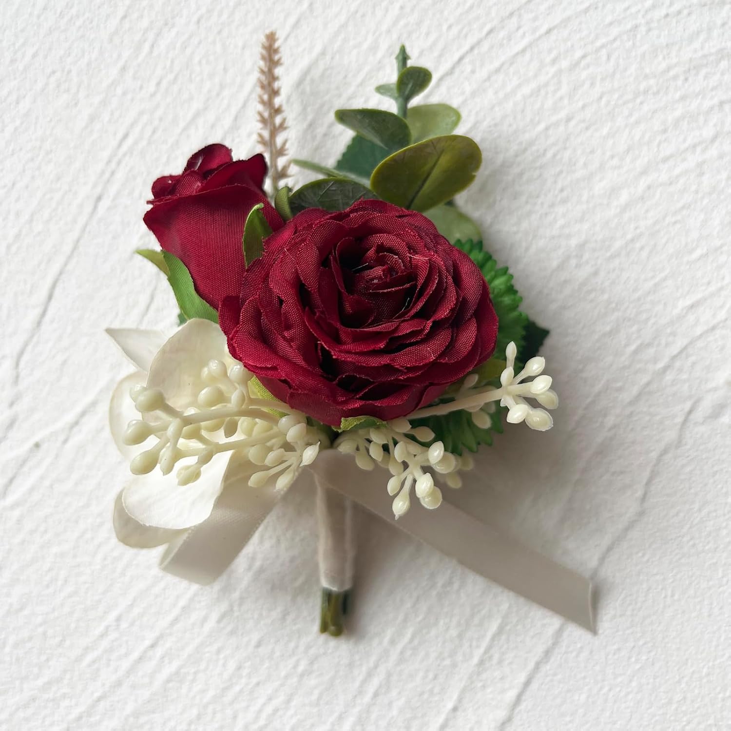 MAFELOE Artificial Wrist Corsage Boutonniere Set for Groom Bride Groomsmen Bridesmaids, Corsage Wristband Men Boutonniere Wedding Party Prom Suit Decorations - Burgundy 2Pcs - Image 7