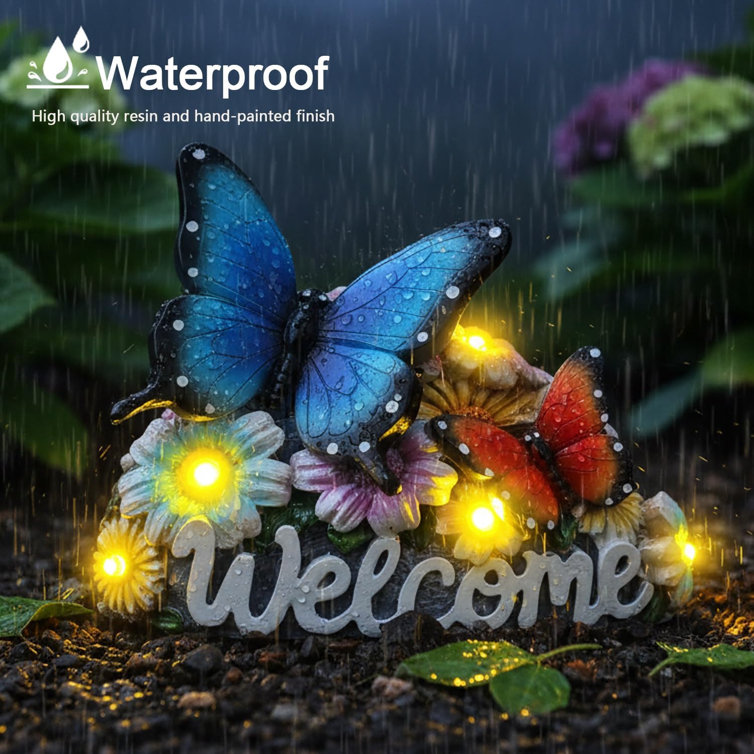 Solar Butterfly Garden Statues 5.3" Resin Butterflies Figurine with Welcome Sign Solar Butterfly Lights Outdoor Balcony Yard Patio Decor Housewarming Birthday Gifts for Women Mom Grandma