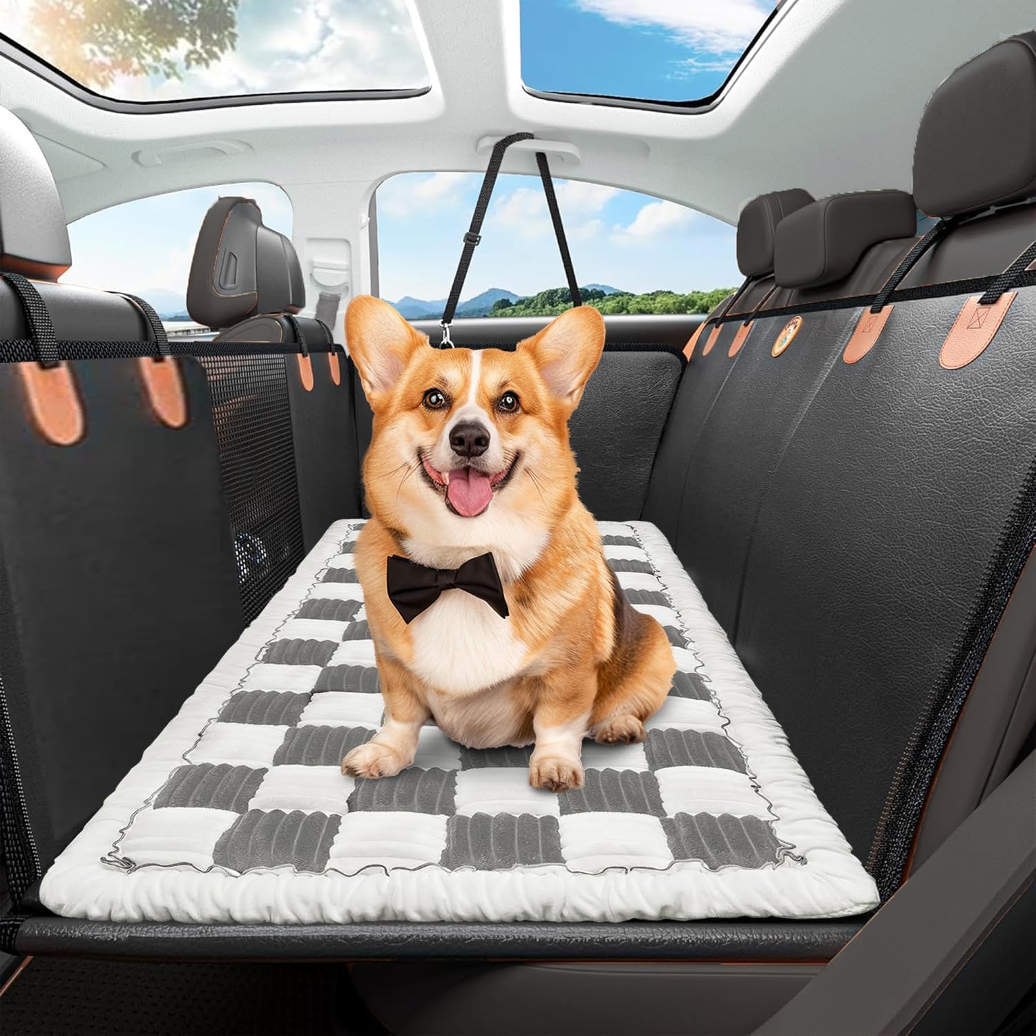 Backseat Pet Bed Mat,Dog Bed for Car,Dog Seat Cover for Car Back Seat, Non-Slip Travel Pet Mat, Fit for Backseat Extenders and Seat Covers (Light Gray&White)