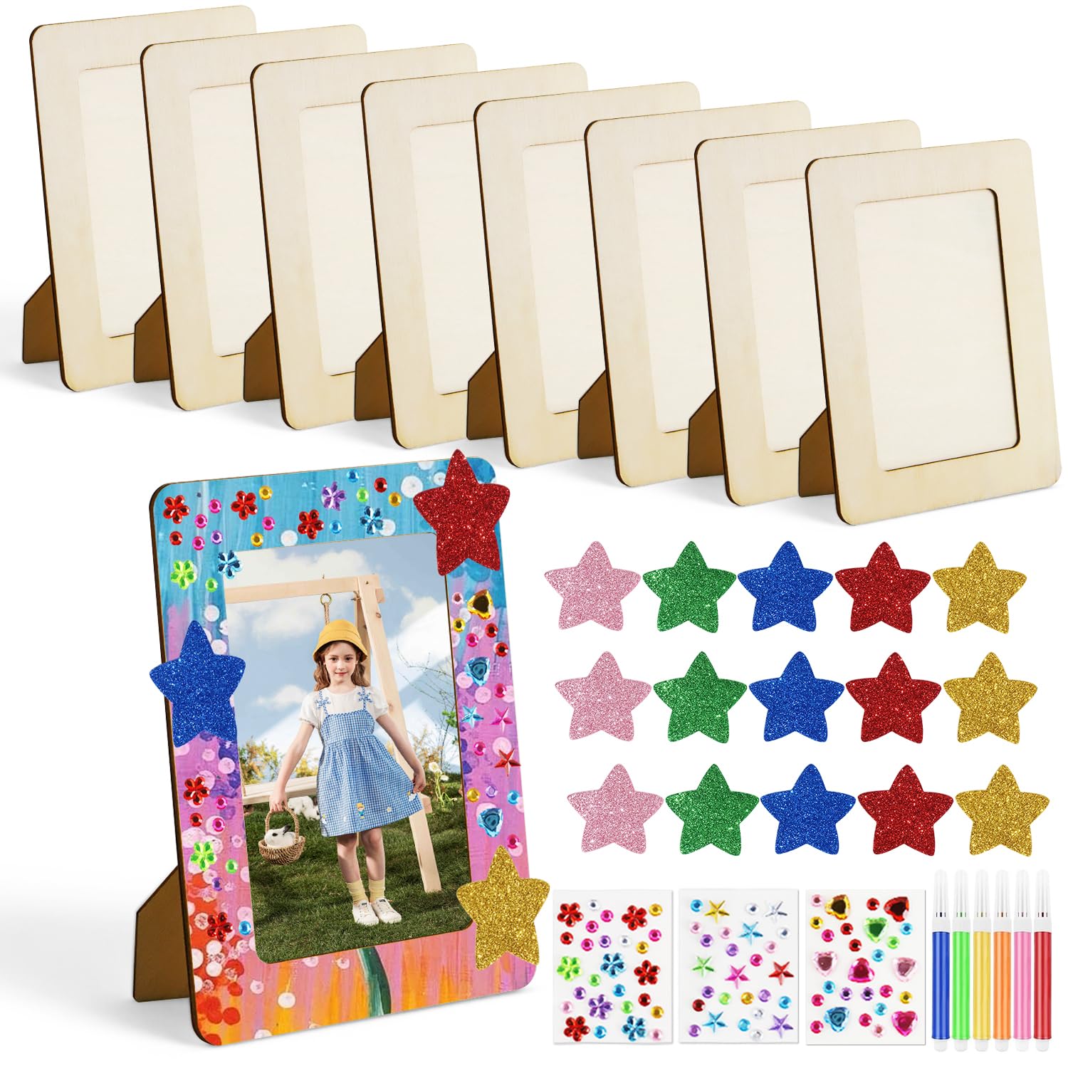Qaestuan 8 stuks houten fotolijsten om te beschilderen, 20 x 15 cm doe-het-zelf houten fotolijstsets, kinderfotolijst knutselset, met glitterstickers, kleurrijke kwast, voor kinderen, decoratie