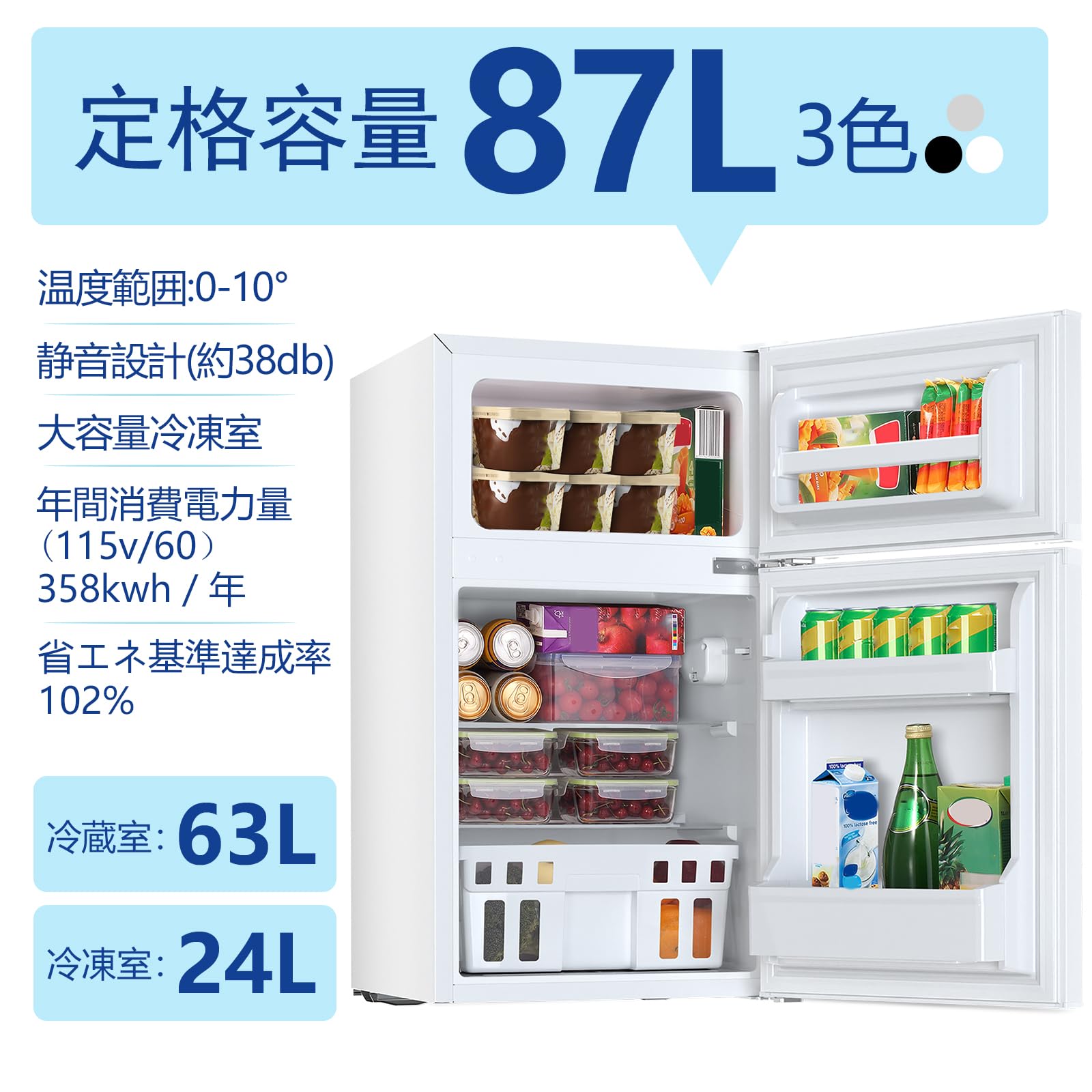 Amazon.co.jp: Kismile 小型冷蔵庫 87L 冷凍庫付き 2ドア 両開き