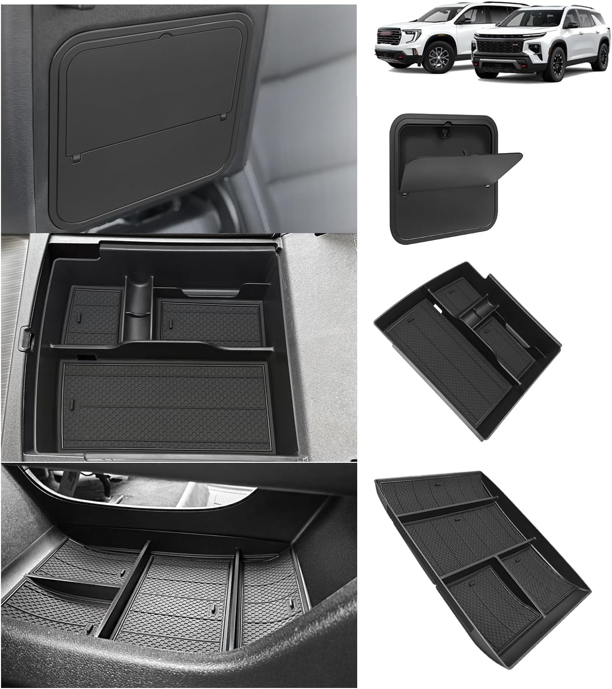 Muslogy Center Console Organizer Compatible with 2024-2026 GMC Acadia&Chevy Traverse Accessories Interior Storage Insert Tray Secret Compartment(Lower Center Tray+Console Organizer+Hidden Box)