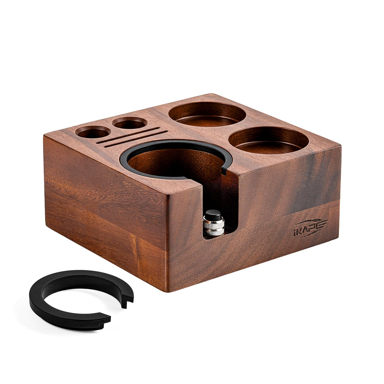 IKAPE Support de tampon à expresso 51/54/58 mm, base en bois, support de tampon en noyer naturel pour accessoires expresso de 51/54/58 mm, hauteur réglable (7 en un)