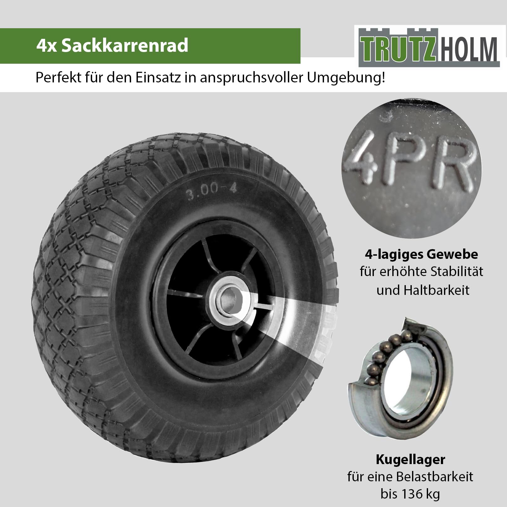 TRUTZHOLM 4x Sackkarrenrad Luftrad 260x85 mm 3.00-4, schwarz