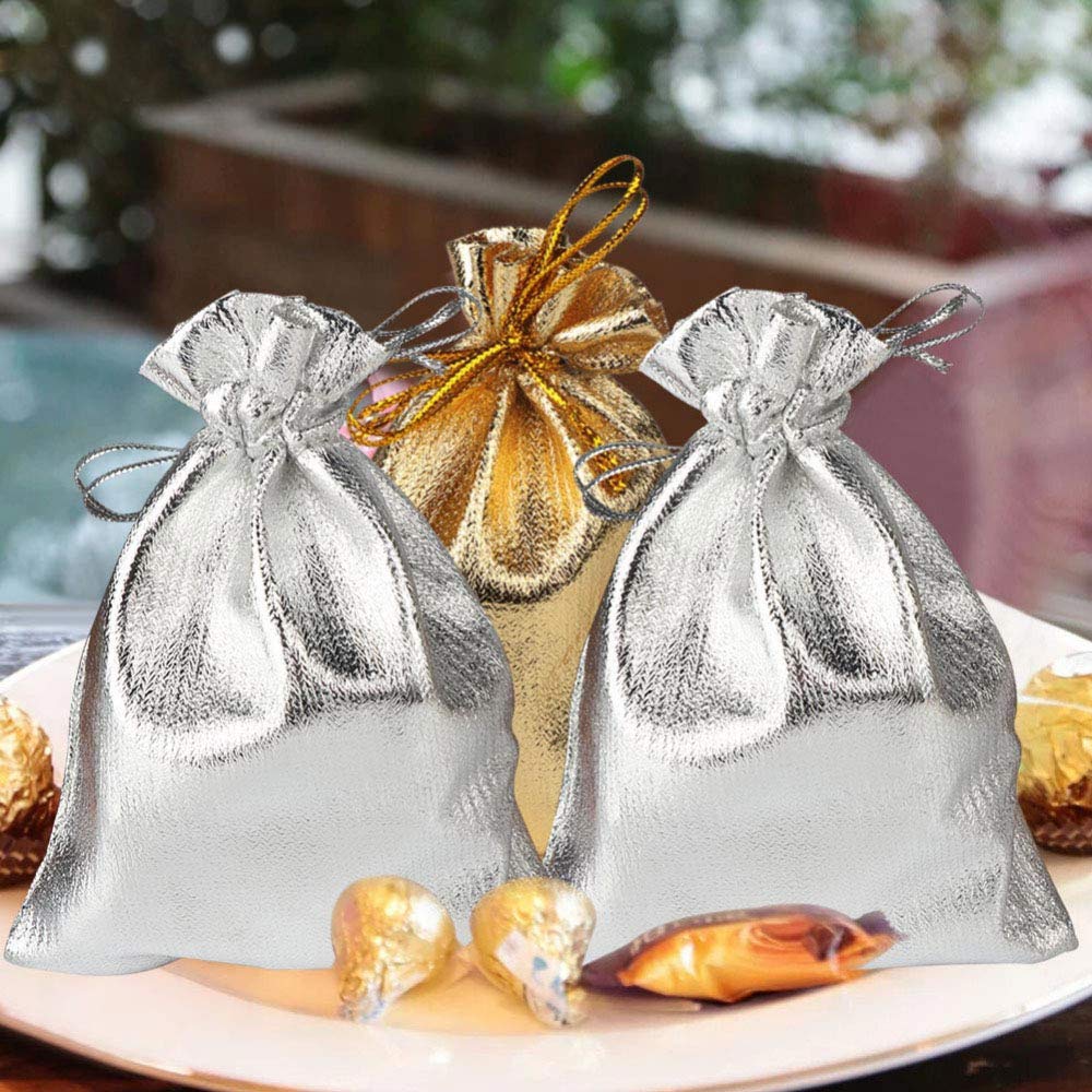 100 Stück Weihnachtstüten Schmuckbeutel Drawstring BagsGeschenktüten Gold und Silber Säckchen Süßigkeiten,Schmuck,Party Wedding Favor,Halloween Taschen 9x12cm