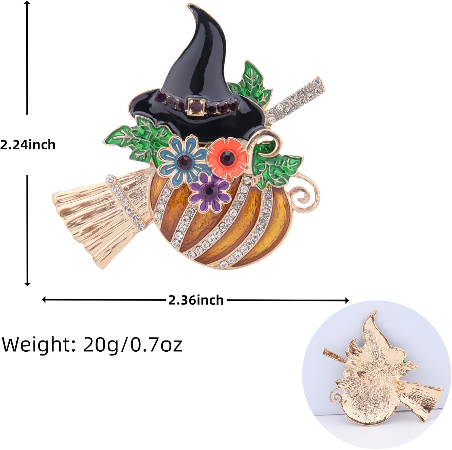 Fashion Pumpkin Witch Hat Brooch Pin for Women Enamel Broom Gold Plated Rhinestone Halloween thanksgiving Brooch Pin Costume Accessories Men Women Holiday Party Jewellery Gifts - Image 3