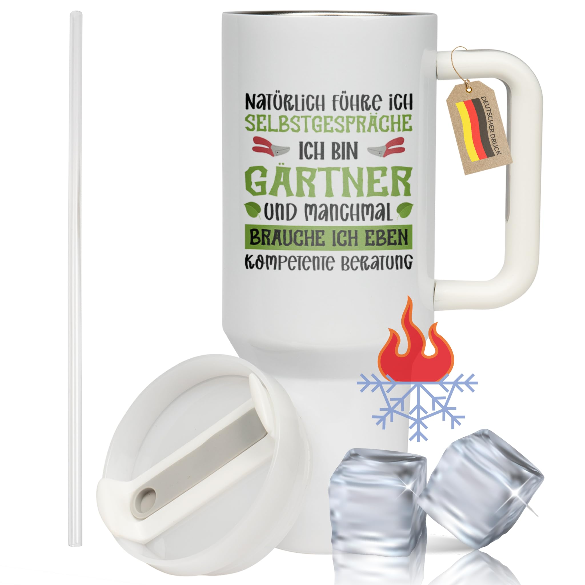 XXL Thermobecher Geschenk für Gärtner – Lustiges Geburtstagsgeschenk & Vatertag – Edelstahl Trinkflasche, Weiß mit Selbstgespräche Spruch (WIEDERVERWENDBAR)
