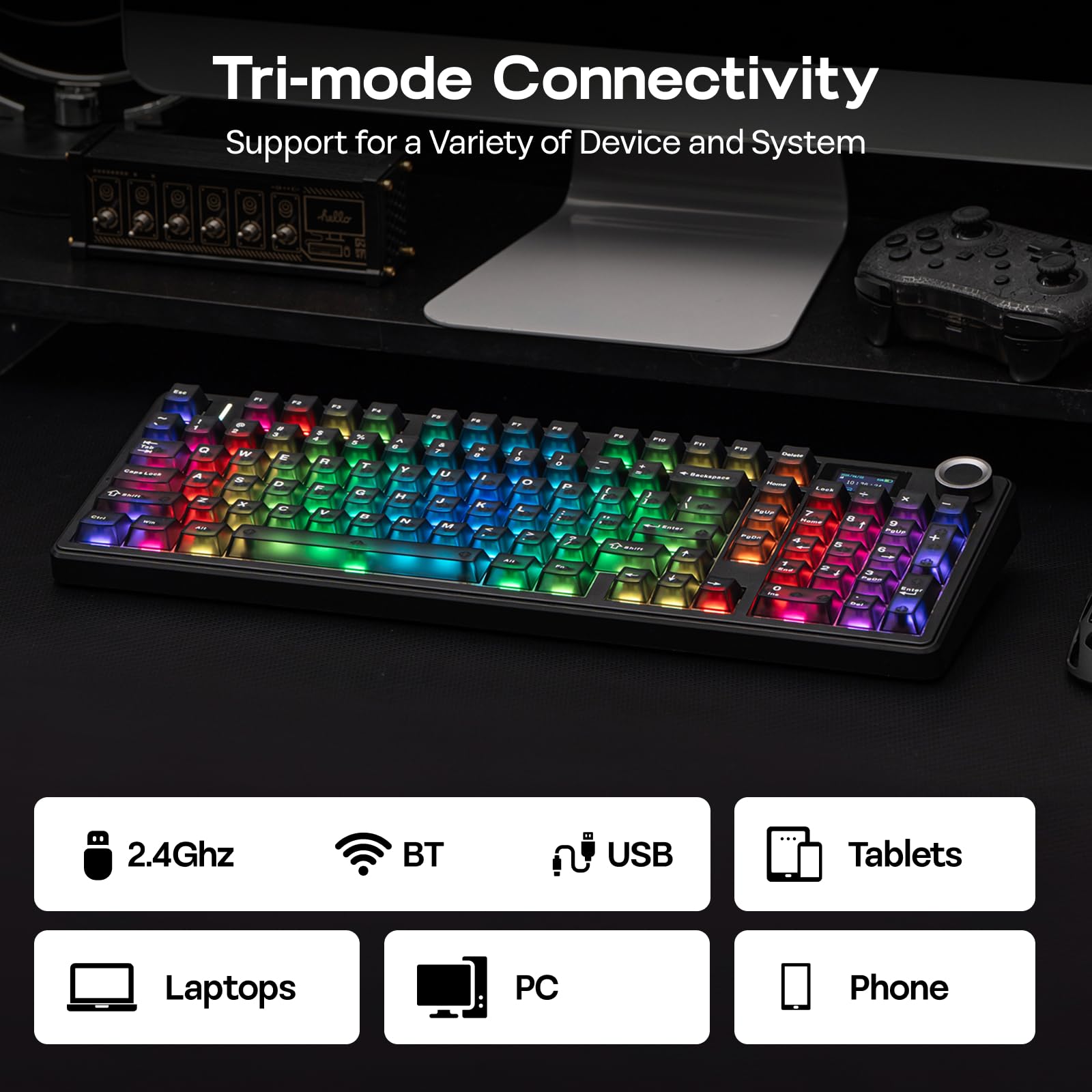 EPOMAKER Aula F99 MAX Teclado Mecánico Inalámbrico, Pantalla&Perilla, 8000mAh, Teclado Cremoso de 2.4Ghz/BT, Switch Prelubricado, Intercambiable en Caliente, RGB, Software Personalizable (Negro Mate)