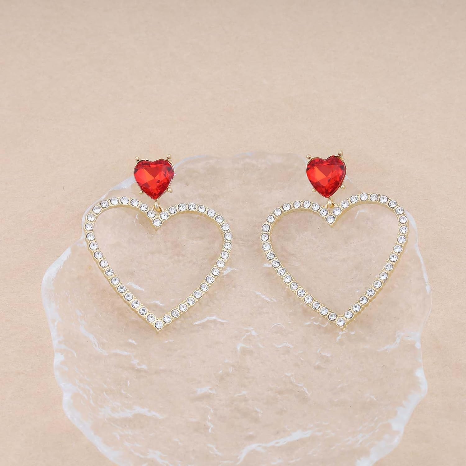 Andelaisi Boho Crystal Heart Dangle Earrings Red Ruby Heart Stud Earrings Glitter CZ Hollow Heart Drop Earrings Large Heart Earrings Jewelry for Women - Image 3