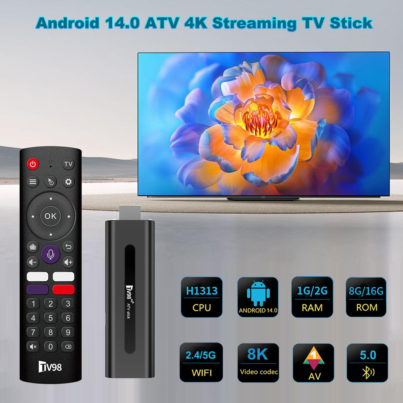 Android 14.0 TV Stick, TV Stick Streaming con mando a distancia por voz, 2 GB de RAM 16 GB ROM Dual WiFi 5.8G/2.4G Bluetooth 5.0, 8K UHD Media Player para el hogar