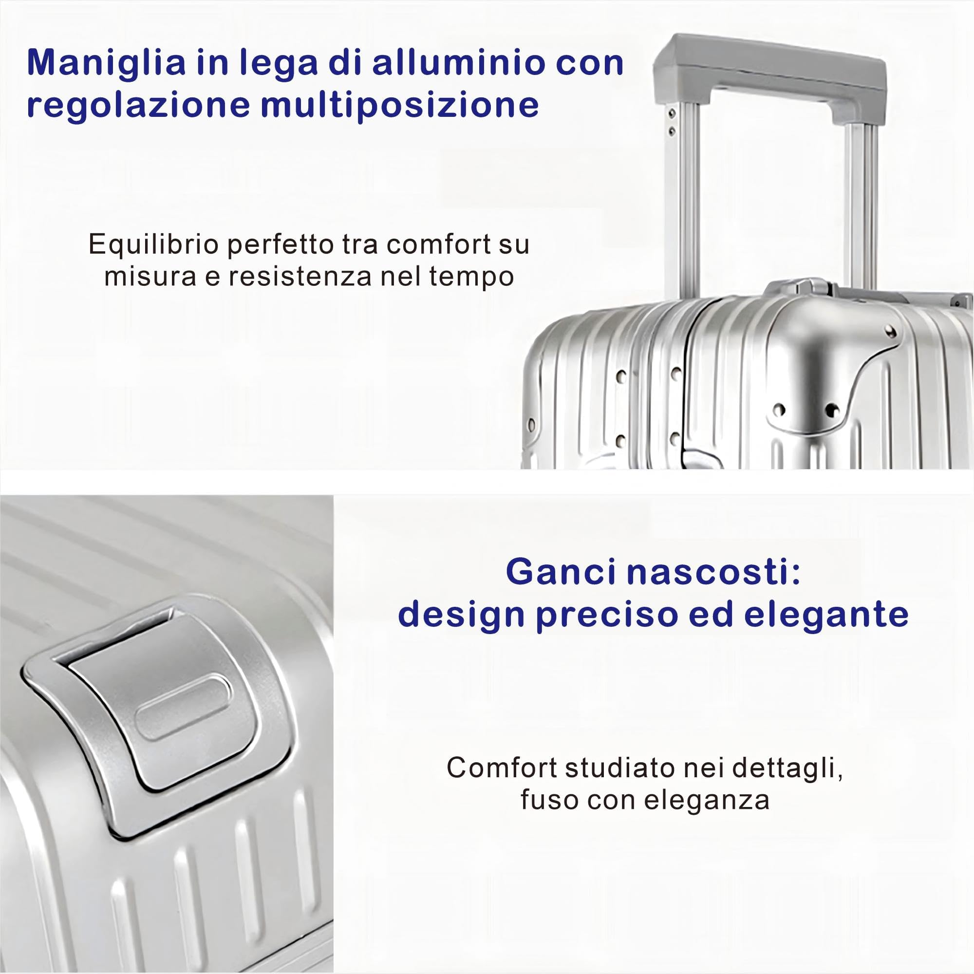 Aoliwei Valigia Bagaglio a Mano con coque in alluminio 100% puro. Valigia Trolley con 4 Ruote Doppie Girevoli e Lucchetto TSA Integrato(Argento,M)