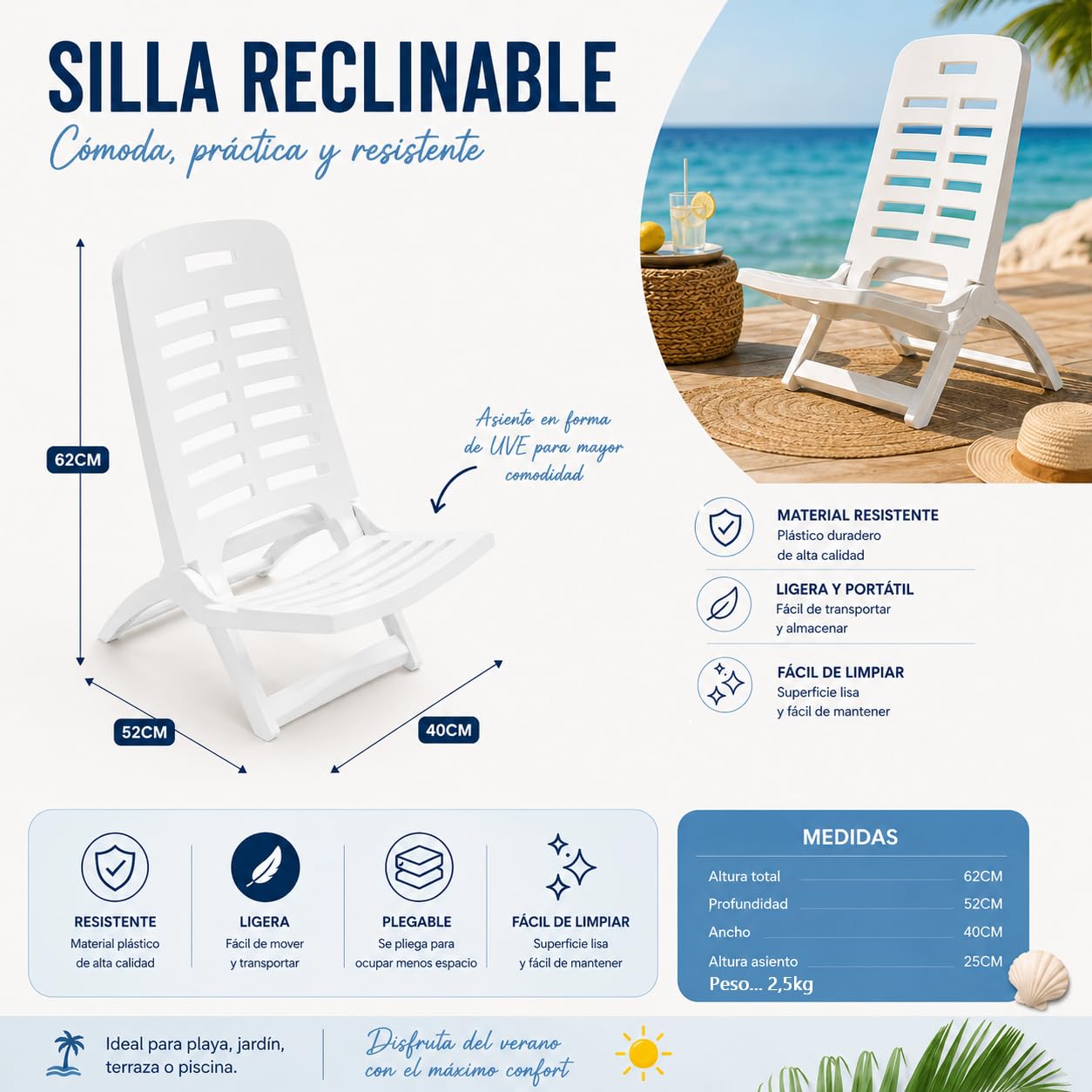 FERRETERIA LEPANTO Silla Plegable, Silla de Resina Plegable para terraza, jardín y Balcones, Asientos Plegables de Resina imitación Madera 77x41cm. (2 sillas Blancas Bajas)
