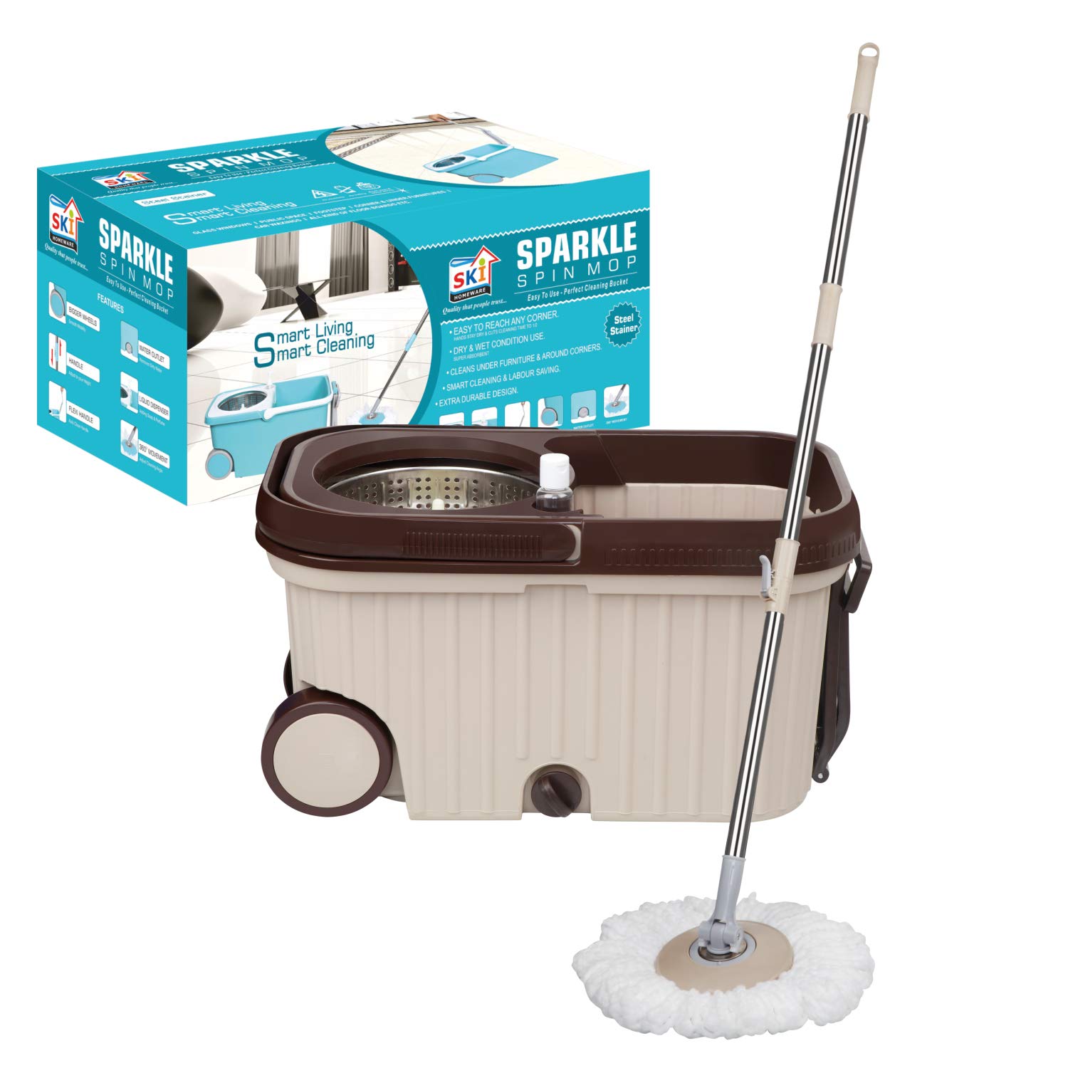 SKI Sparkle Spin Steel Mop with Wheels and 2 Microfiber Refills (Size : 48.50 x 27.5 x 27 cm) Brown