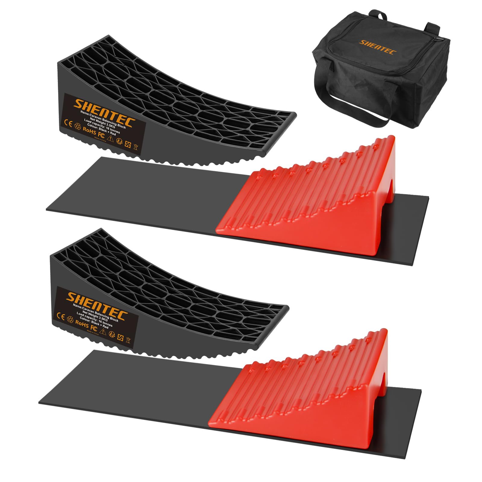 Shentec Set di 2 Cunei di bilanciamento per Camper e roulotte, Fino a 16 tonnellate, con 2 Cunei del Freno, Borsa per Il Trasporto, 2 tappetini Antiscivolo, Cunei per gradini in plastica