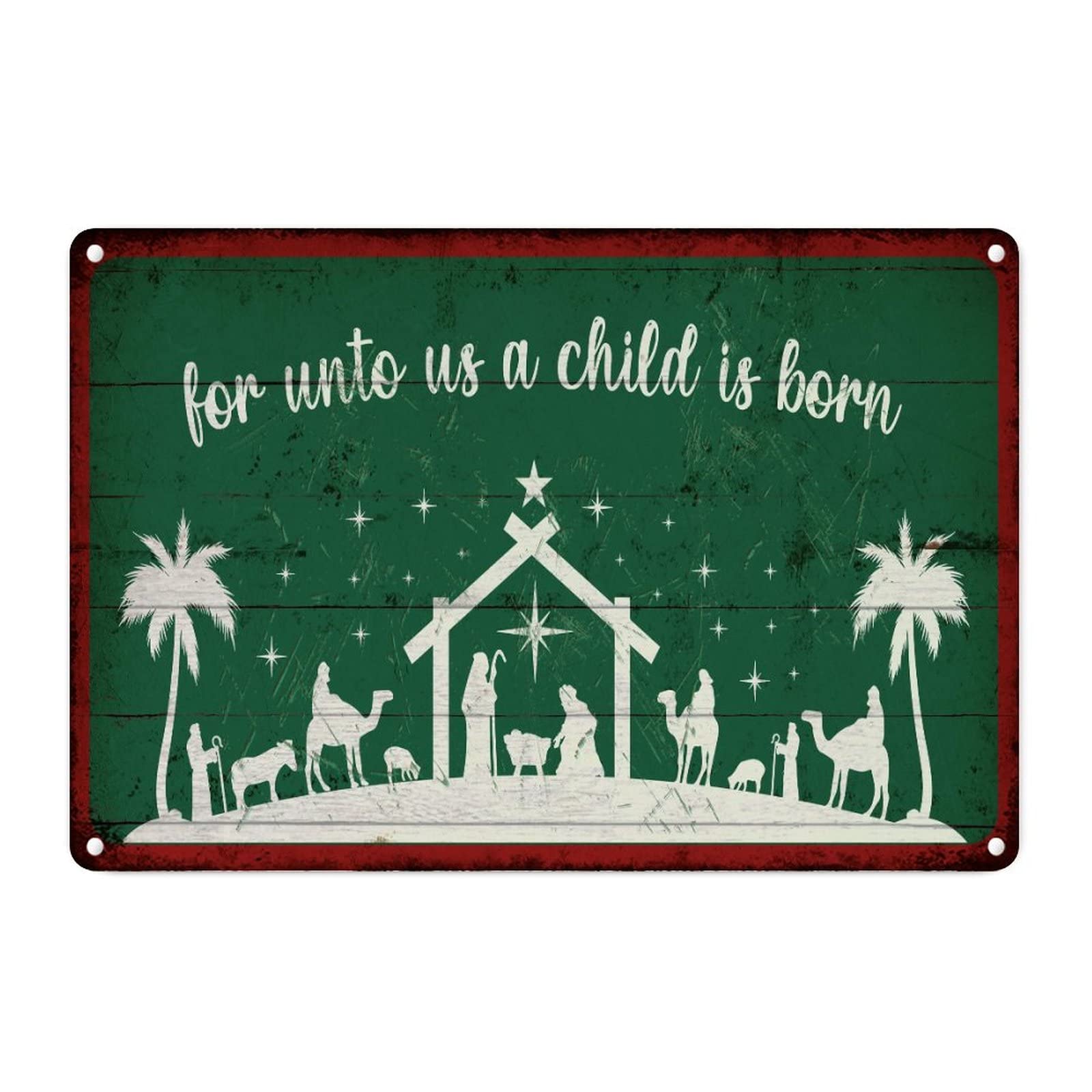 Crèche de Noël verte en métal : plaque de porche vintage 30x45 cm