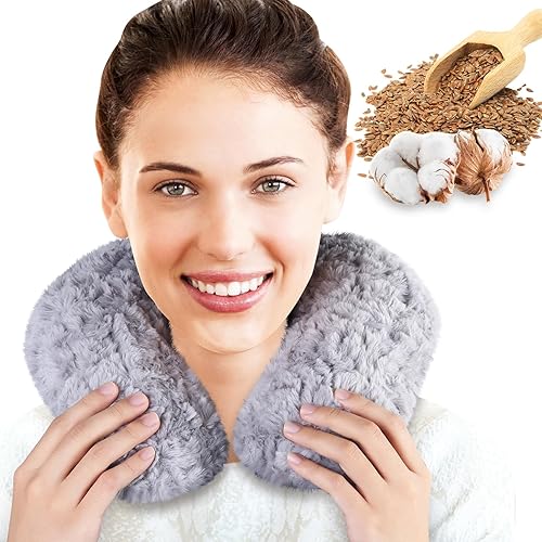 REVIX Calentador de cuello para microondas, almohada térmica para el cuello con linaza, almohadilla térmica húmeda para hombros, almohadilla térmica