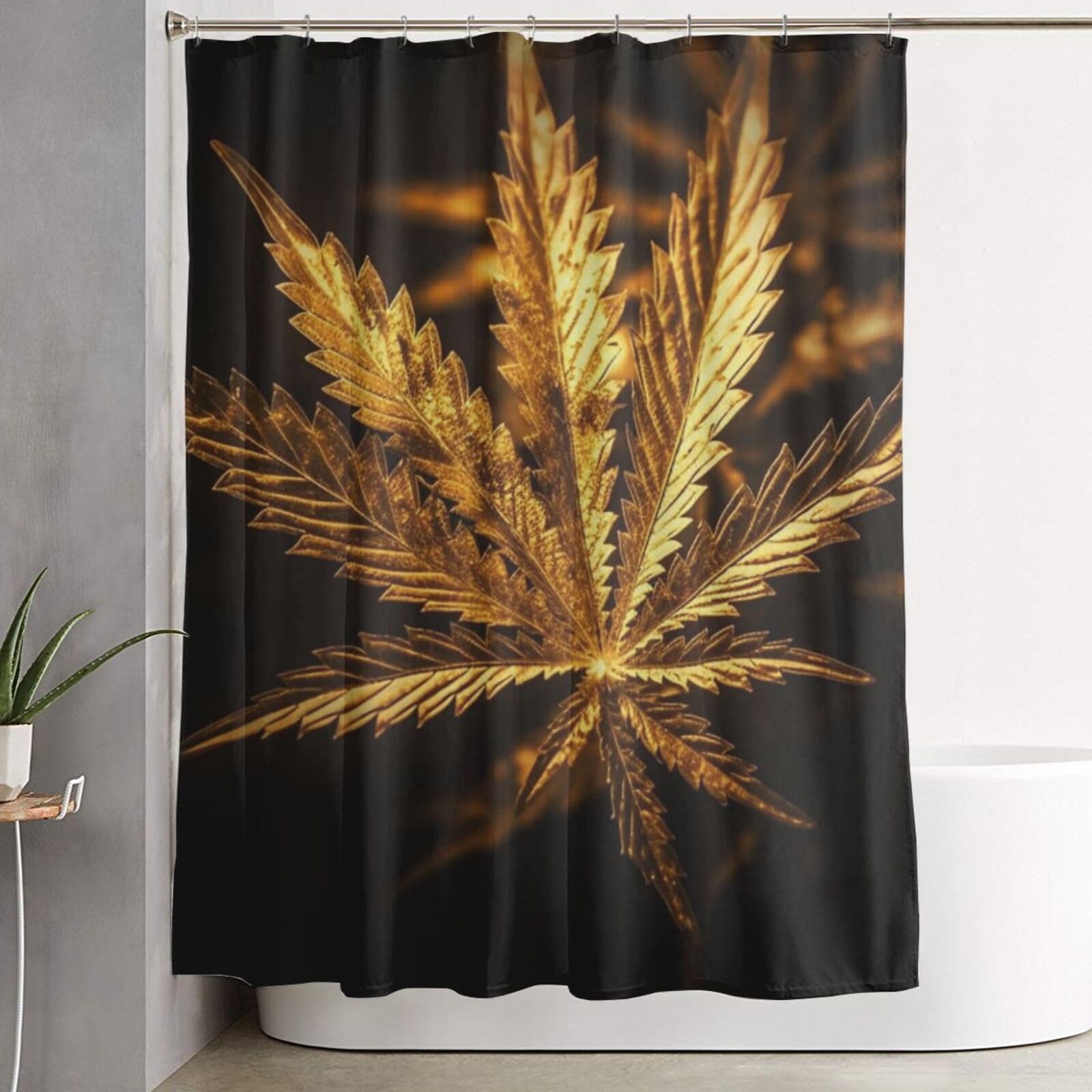 Rideau de douche épais et imperméable de haute qualité à motif de cannabis doré 182x152 cm