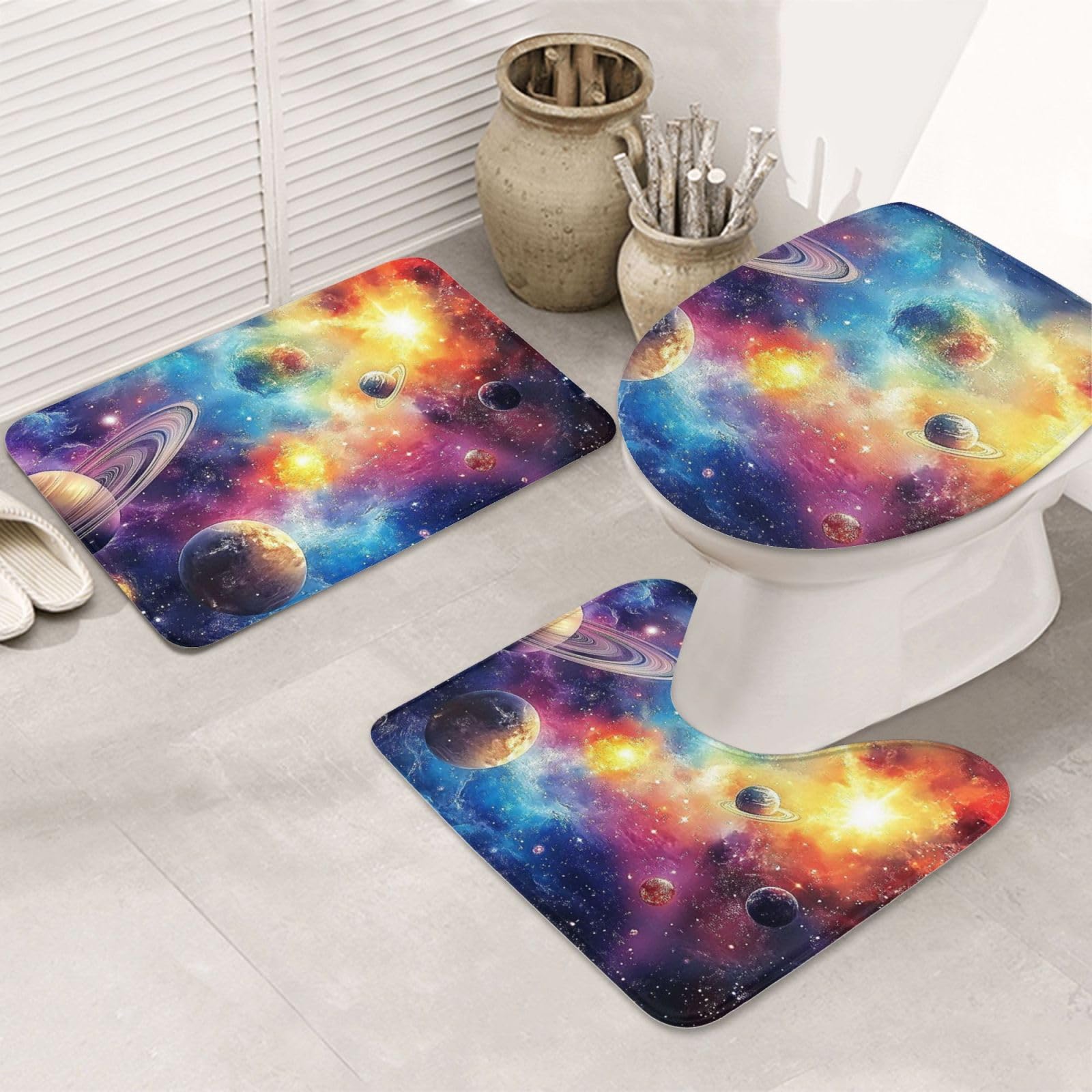Juego de 3 alfombras de baño espacio galáctico lavables con funda de inodoro de microfibra suave