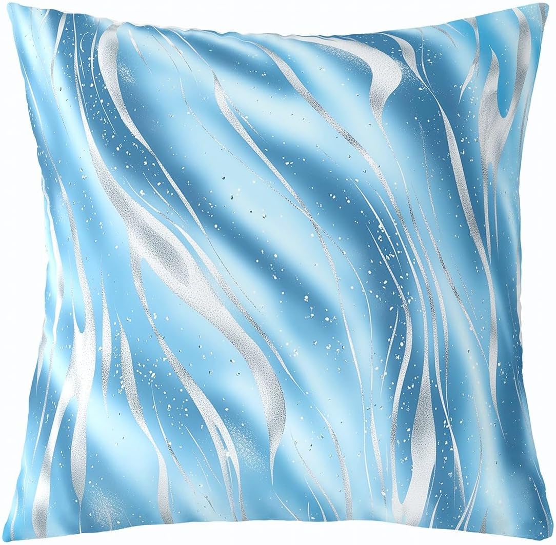 Blue White Stripes Throw Pillow Cover Watercolor Tie Dye Lines Simple Style Pillow Case for Kids Teens Adults Glitter Silver Graffiti Modern Cushion Cover for Chairs Office 24x24 Inch