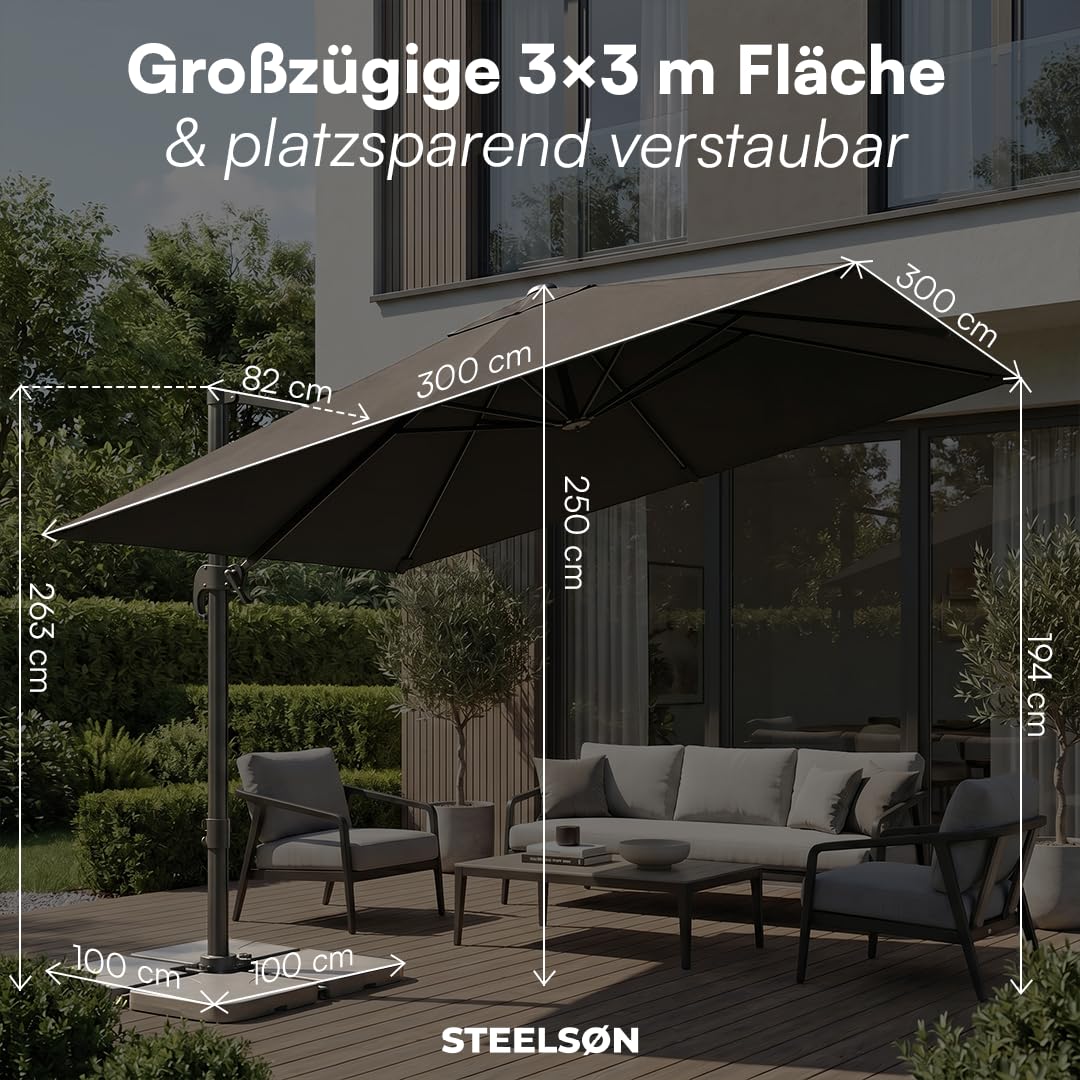 STEELSØN Elaris Premium Sonnenschirm rechteckig 300x300 cm – Ampelschirm inkl. Schutzhülle – Gartenschirm neigbar & 360° drehbar – Sonnenschutz UV50+ wetterfest – robustes Aluminium Gestell - schwarz