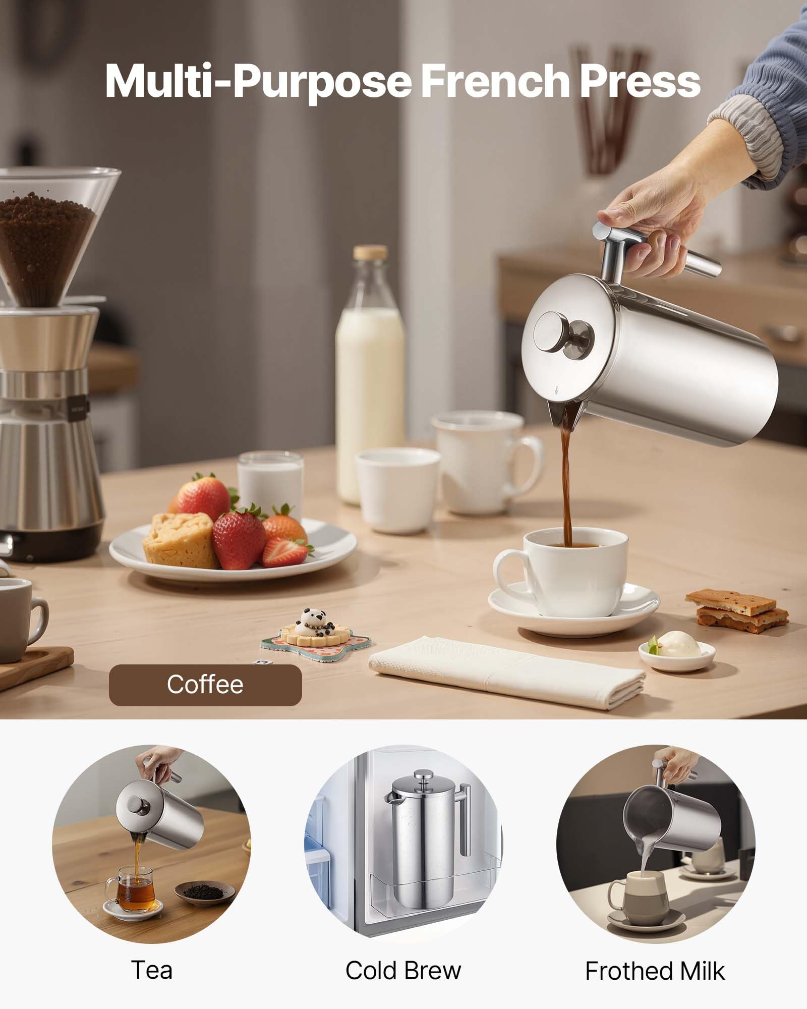 VEVOR Cafetera de Prensa Francesa de Acero Inoxidable, 1,5 L, con Filtro, Grande, de Doble Pared, con Aislamiento, para Café Frío, para Camping, Viajes, Hogar, Cocina, Plata, 190 x 115 x 245 mm