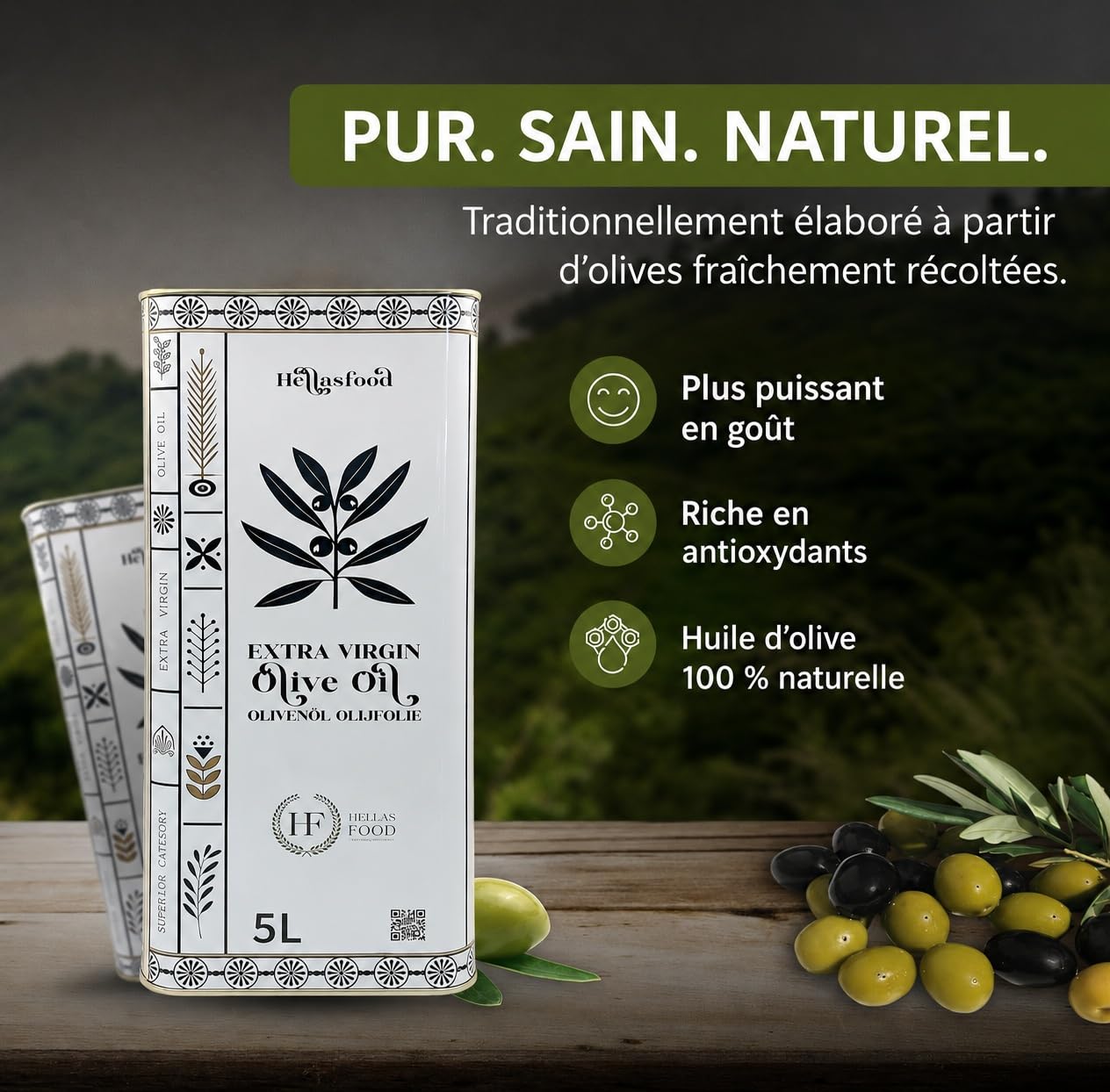 Hellas Food - Huile d’Olive 5L Extra Vierge - Pressée à Froid - Mélange Premium du Péloponnèse - Arôme Fruité - Riche en Antioxydants - Idéale pour Cuisine & Salades