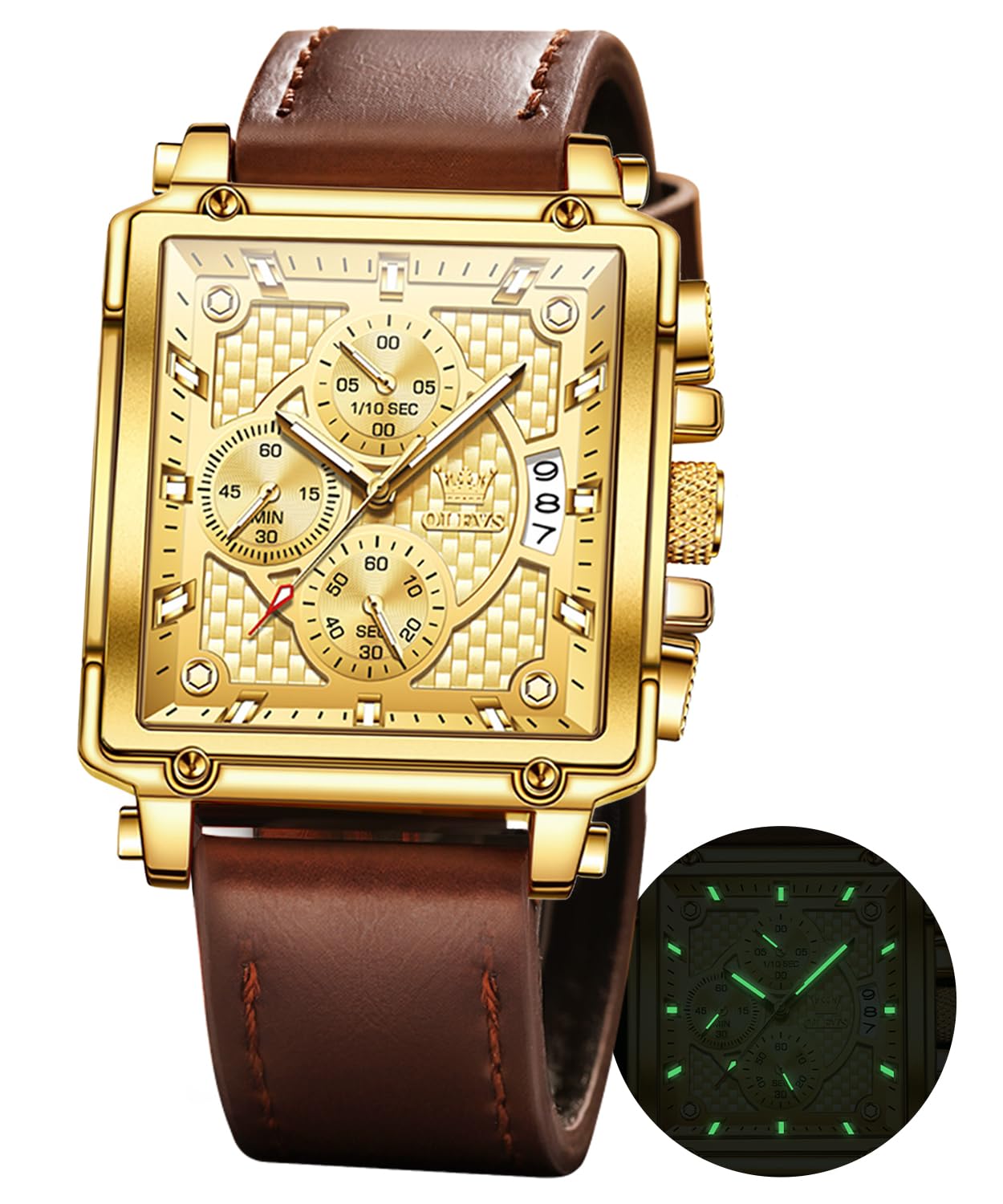 OLEVS Watches for Men Quartz Chronograph Leather Fashion Dress Watch Date Waterproof Luminous Casual Square Business Wrist Watches