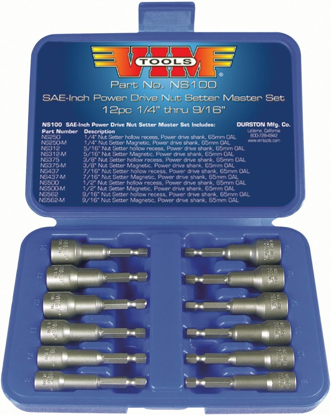 Vim Tools NS100 12-Piece SAE Power Drive Nut Setter with Magnetic and Hollow Point Drivers