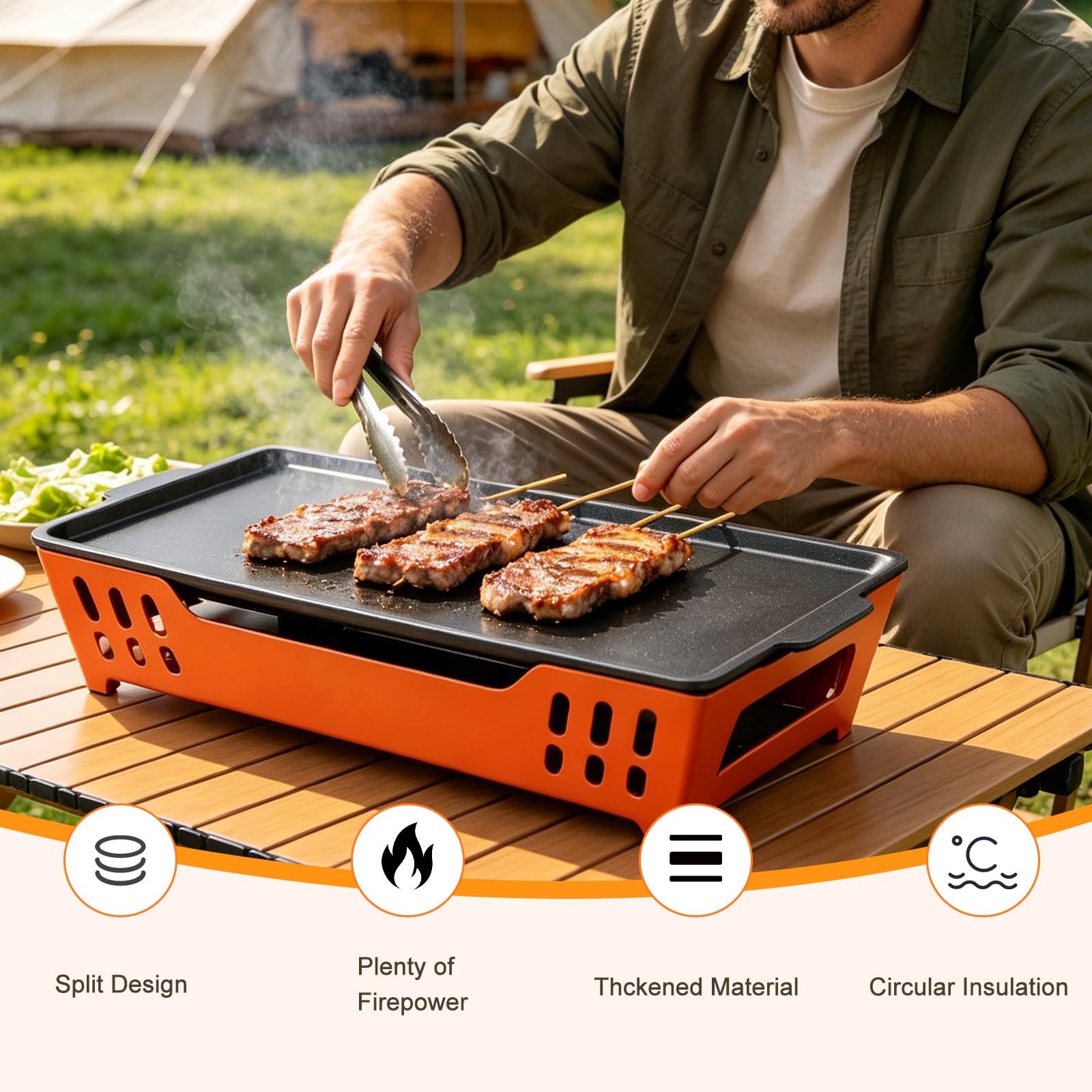 Płyta utrzymująca ciepło BBQ z 3 świecznikami na podgrzewacze, 36 x 19 cm, do utrzymywania ciepła, podgrzewacz do mięsa, pojemnik utrzymujący ciepło, grill na imprezę i do ogrodu (nie jest to