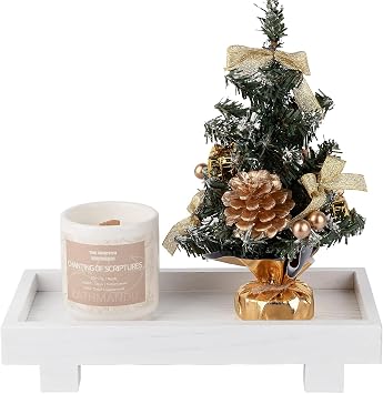 Decorative Tray Small Pedestal Stand Farmhouse Bathroom Decor Wooden Riser Display Stand for Vanity, Kitchen Countertop, Sink, 10.8 * 5.3 White