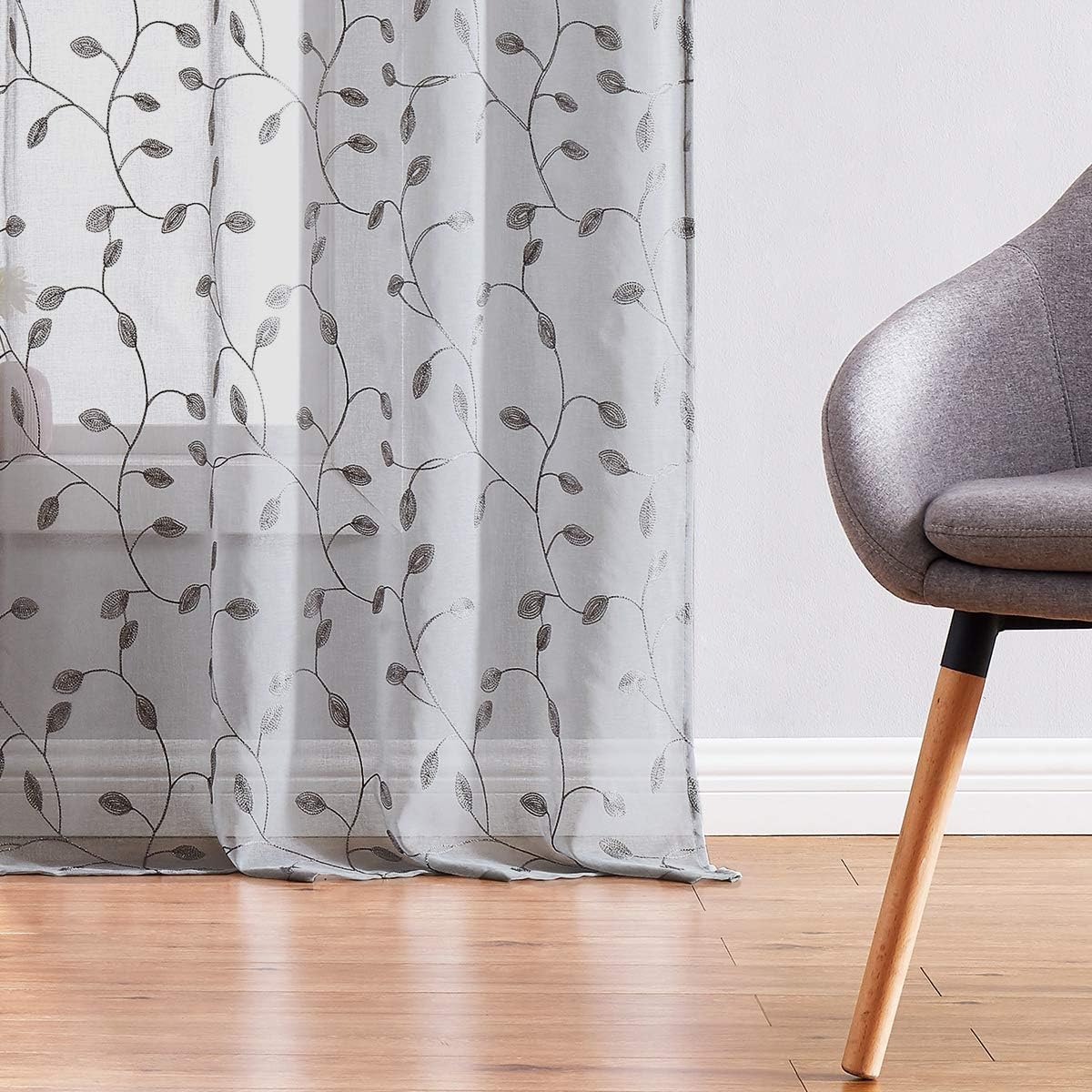 Fragrantex Leaves Embroidery Sheer Grey Curtains 63" Length for Living Room Botanical Vine Pattern Window Sheers for Bedroom/Kids Room Rod Pocket Curtains&Drapes 2 Panels,W38xL63