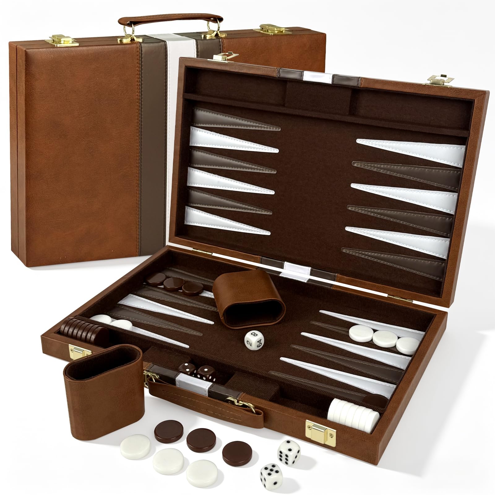 Lohofrnny Backgammon Set, 15" Klassisches Backgammon Koffer, 2 Spieler Brettspiel Tragbares Reise Strategie Spiel Set für Erwachsene Kinder (15 Zoll, Braun)