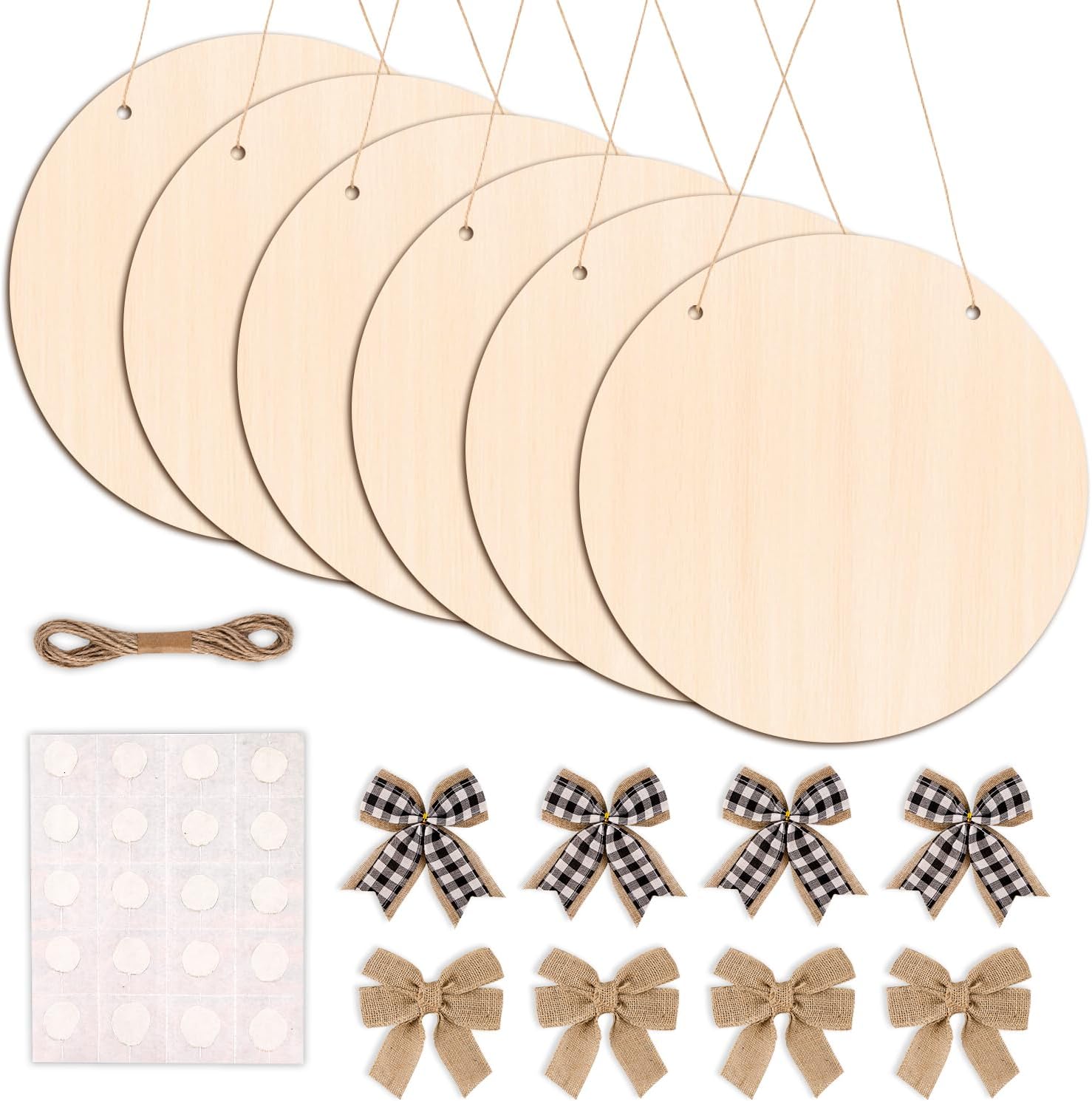DIYDEC 6 Pack Wood Circles for Crafts 14 Inch Unfinished Wood Slices Blank Wooden Door Hanger Sign Round Wood Discs with Bows Twine Glue Point for DIY Crafts Painting Christmas Home Holiday Decor
