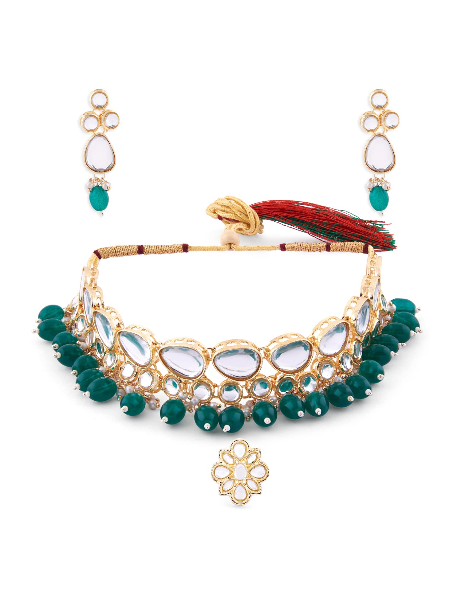 ZAVERI PEARLS Green Beads Statement Kundan Choker Necklace Earring & Ring Set For Women-ZPFK14814 (B0BFRK1NKB) Amazon Price History, Amazon Price Tracker