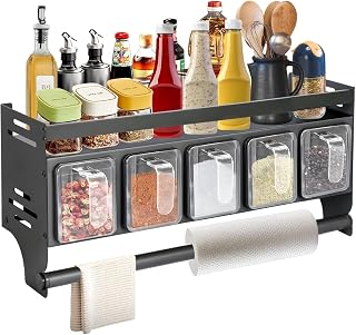 Stainless Steel Wall Mounted Spice Rack with Paper Towel Holder, 5 Jars & Wide Shelf - Drill or No-Drill Kitchen Organizer for Bottles & Utensils