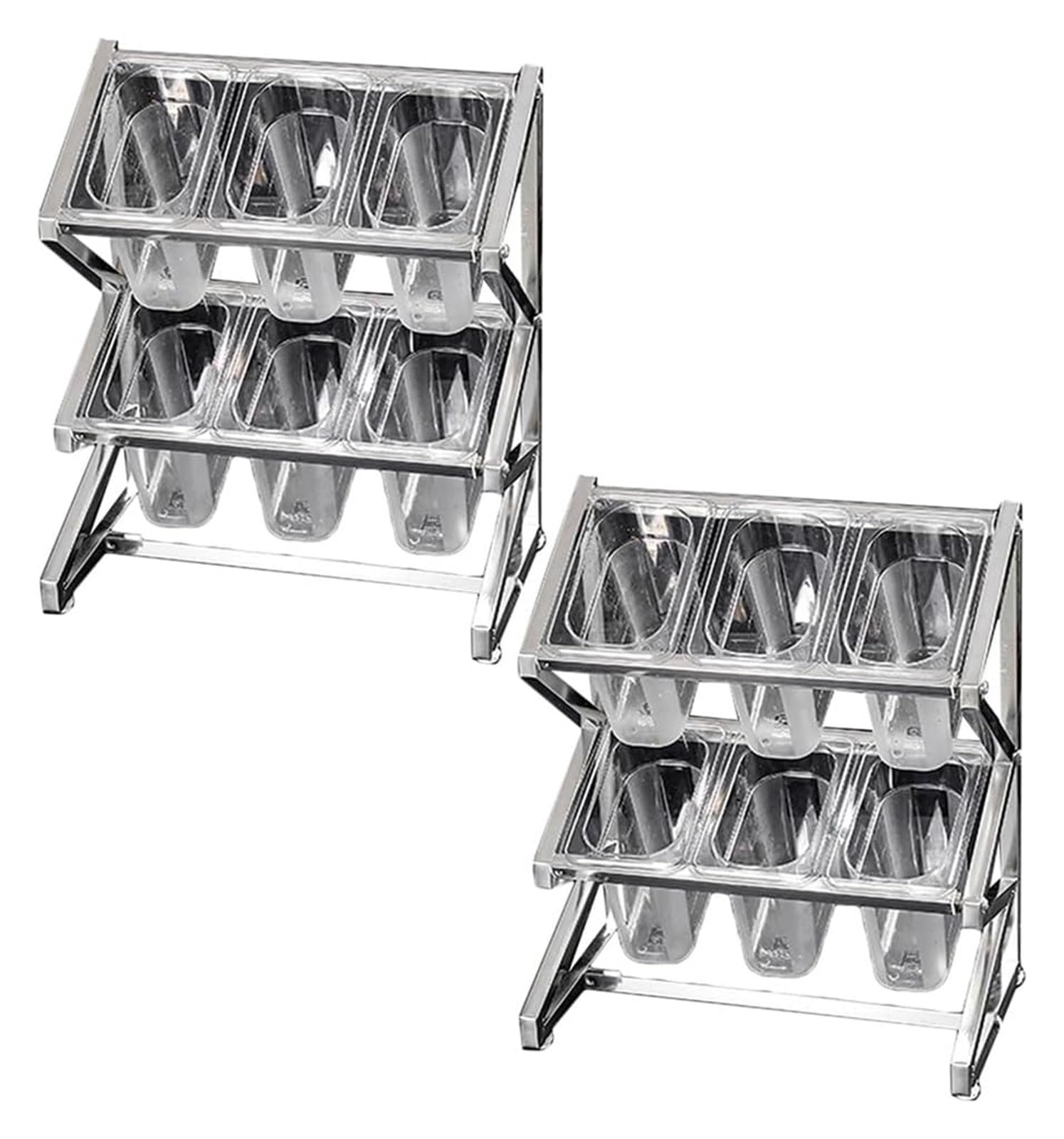 Stacja do polewania pizzy, puszki na przyprawy, 2-rzędowy przezroczysty stojący organizer na blat do przechowywania przypraw z zestawem pokrywek łyżek (srebrny) 60 x 20 x 40 cm