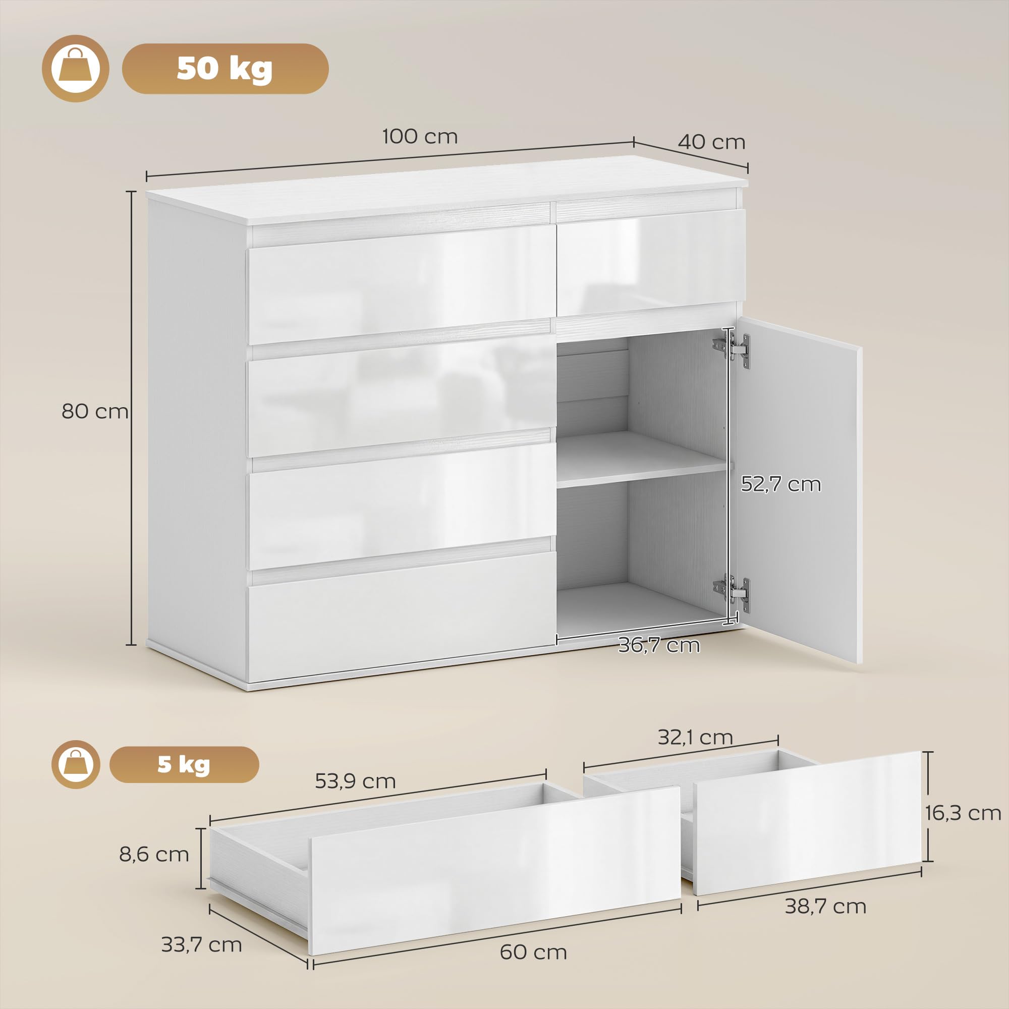 HOMCOM Kommode mit 5 Schubladen, Sideboard Hochglanz Weiß, Schubladenschrank mit verstellbarem Regal und Soft-Close-Tür, für Wohnzimmer und Schlafzimmer, 100 x 40 x 80 cm