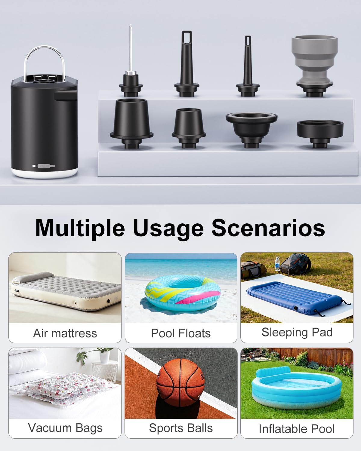 Portable Air Pump for Inflatables 5.5KPA Ultra Fast Mini Electric Air Pump & Camping Light & 100kPa/-60kPa, Air Mattress Pump Inflate Deflate for Basketball, Pool Floats, Vacuum Storage Bags