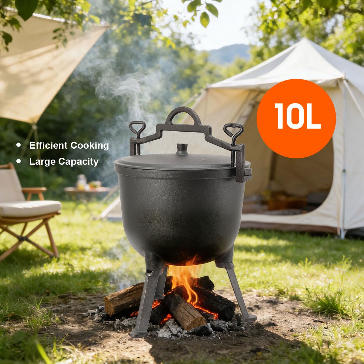 Caldero de Hierro Fundido 10L, Hervidor de Caza con 3 Patas y Tapa, Olla para Fogata, Camping y Barbacoa, Horno Holandés para Jardín, Marmita de Hierro Natural para Exterior