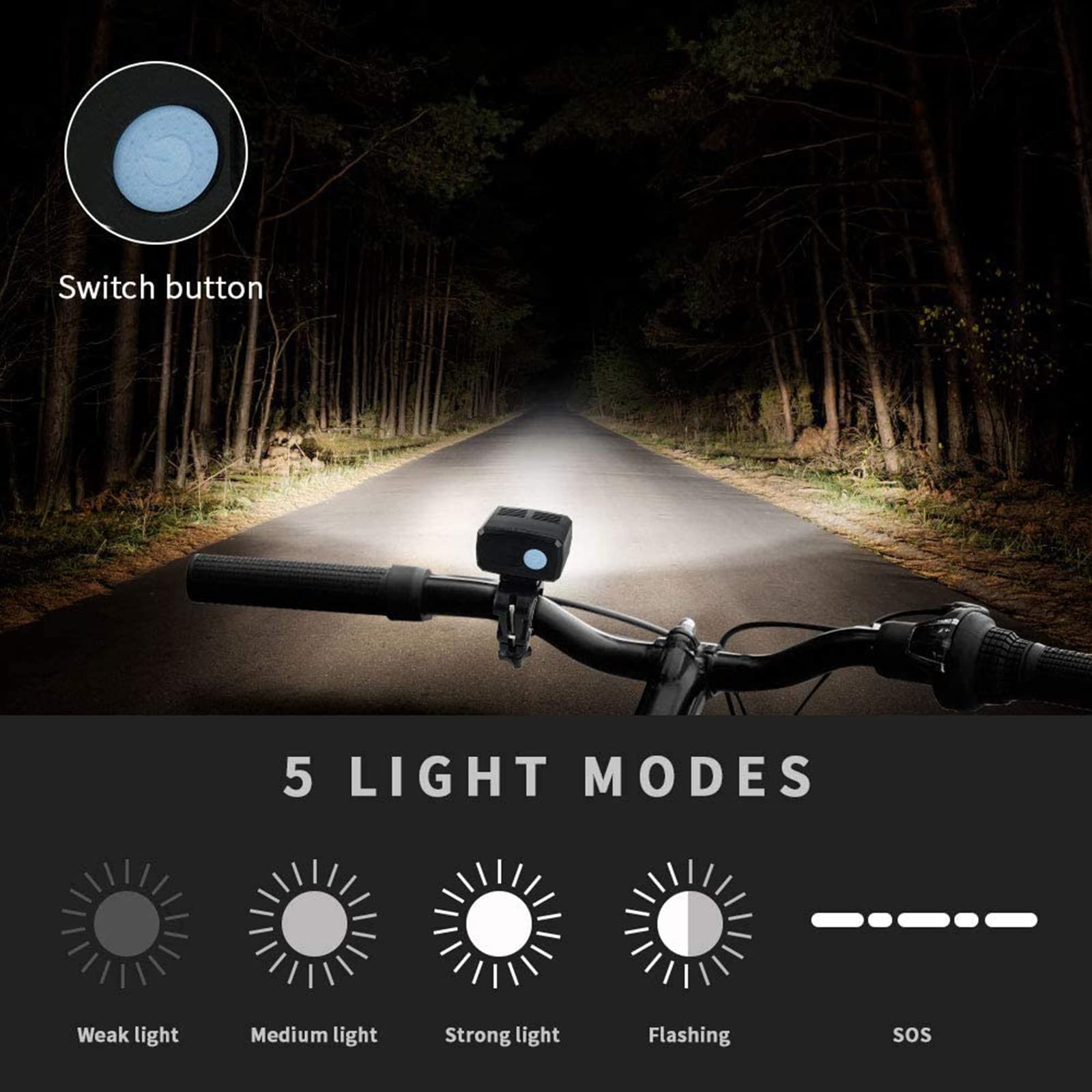 Latarka rowerowa LED marki Frontlight. Akumulator USB do roweru górskiego, mini jasne światło rowerowe, 600 lumenów, 5 trybów świecenia, akumulator 1200 mAh, wodoodporne reflektory rowerowe do roweru