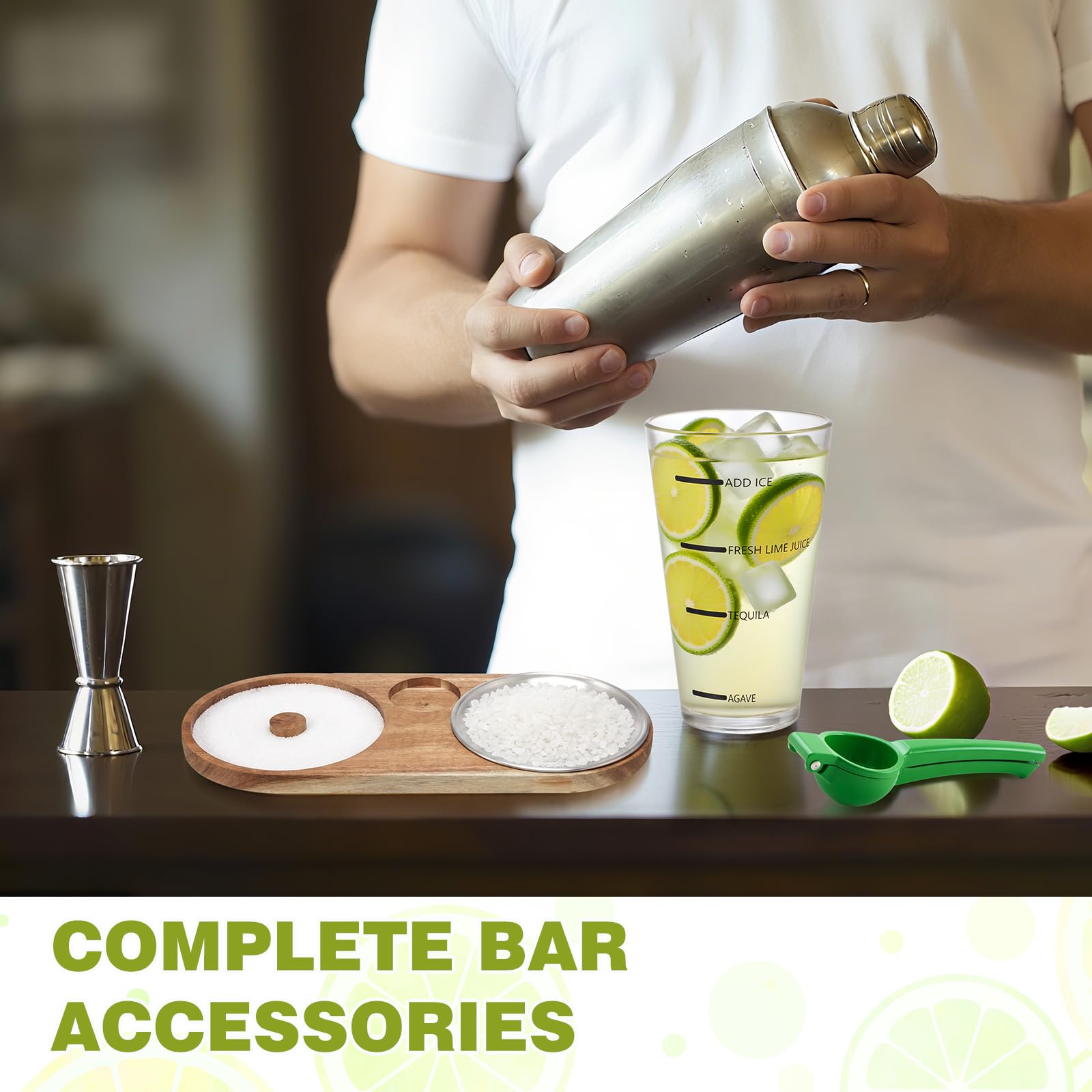 Mifoci 6 Pcs Margarita Gift Set, Acacia Wood Salt and Sugar Rimmer Tray for up to 5.1" Rims, Stainless Steel Shaker, Jigger, Measuring Glass, Citrus Squeezer, Cocktail Kit for Home Bar Accessories