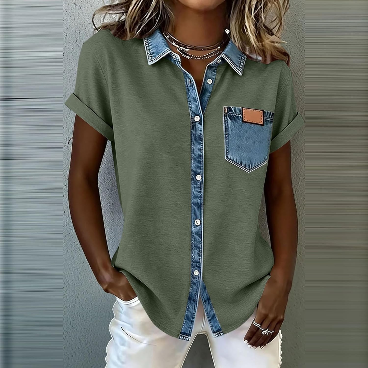 Denim Shirts for Women Button Down Short Roll Sleeve Tops Splicing Cozy Lapel Collar Western Vintage Blouses
