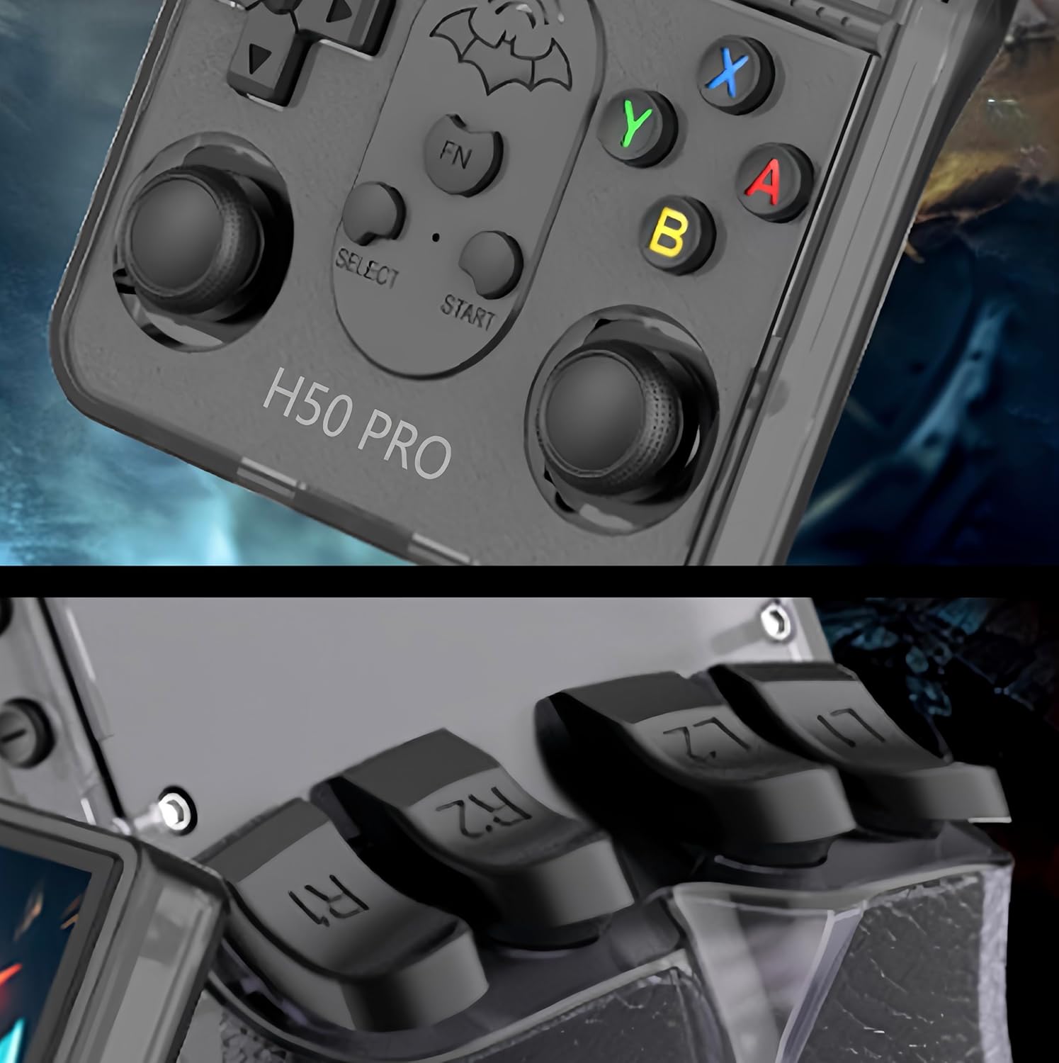 Close-up of the Genérico H50 PRO's front controls and shoulder buttons