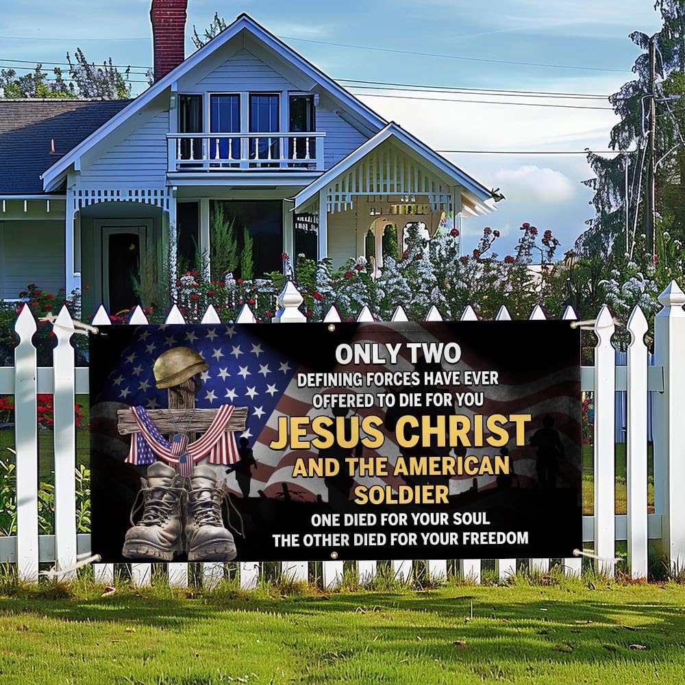 American Banner Flag-U.S. Veteran Day Jesus Christ And The American Soldier Fence Banner TQN2692FB, 4x2 ft.-Decorative Indoor Outdoor Yard Sign