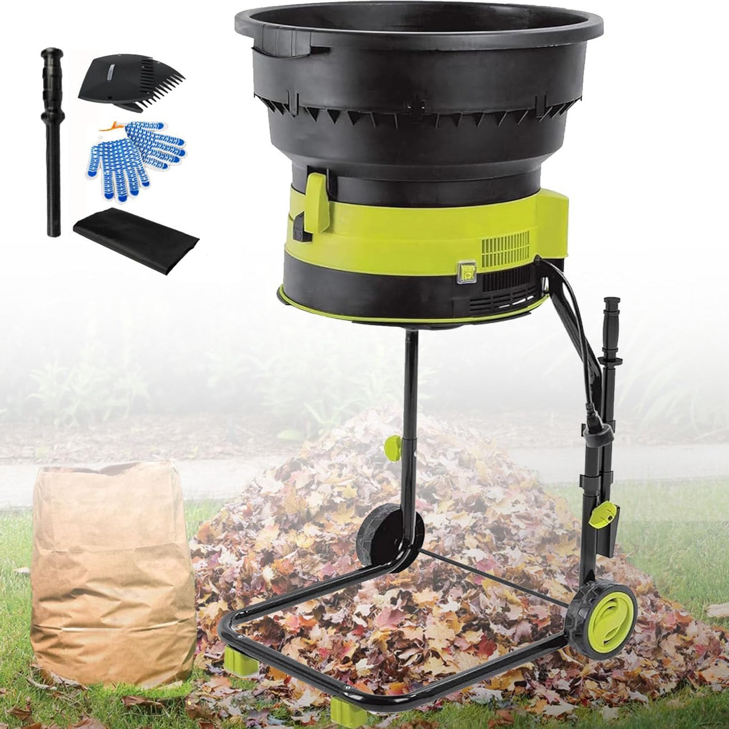Trituradora eléctrica de 2500 W, con Cable y botón de Bloqueo de Seguridad, con Bolsa recolectora y Ruedas, para Hojas secas, césped y Recortes de jardín, sin Cable de alimentación